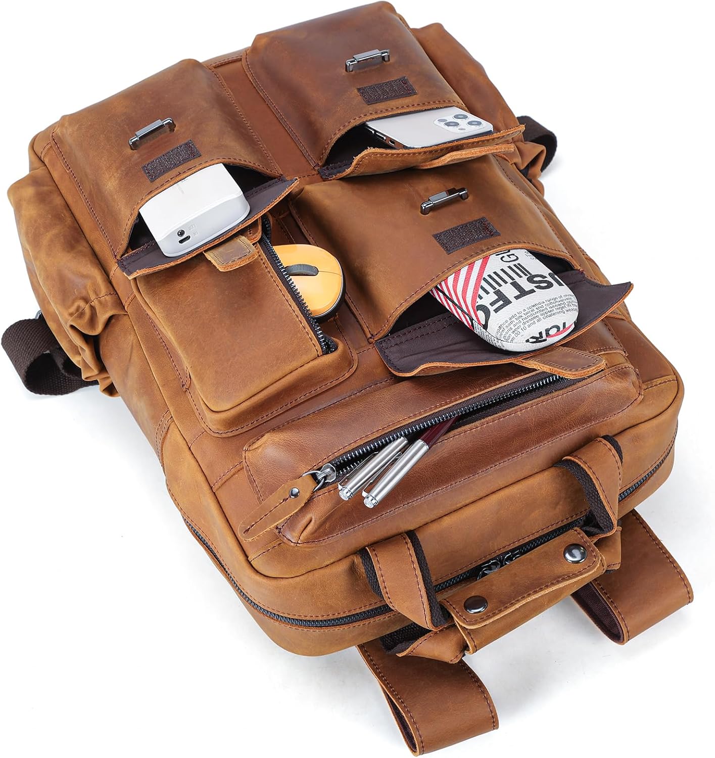 Polare Cowhide Leather Multiple Laptop Backpack Day Pack Travel Bag Satchel For Men