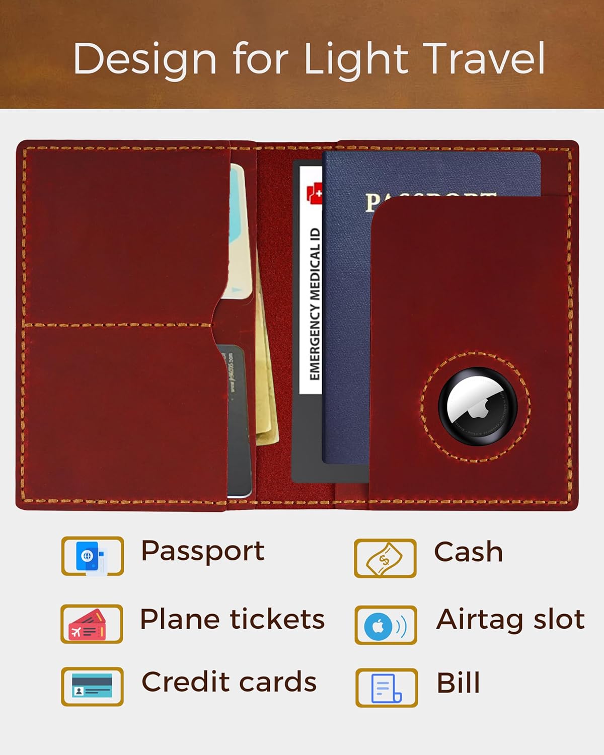 Passport Holder for Travel, Airtag Genuine Leather Passport Holder, Passport Cover Wallet Case for Women Men, Travel Essentials Gift,Red