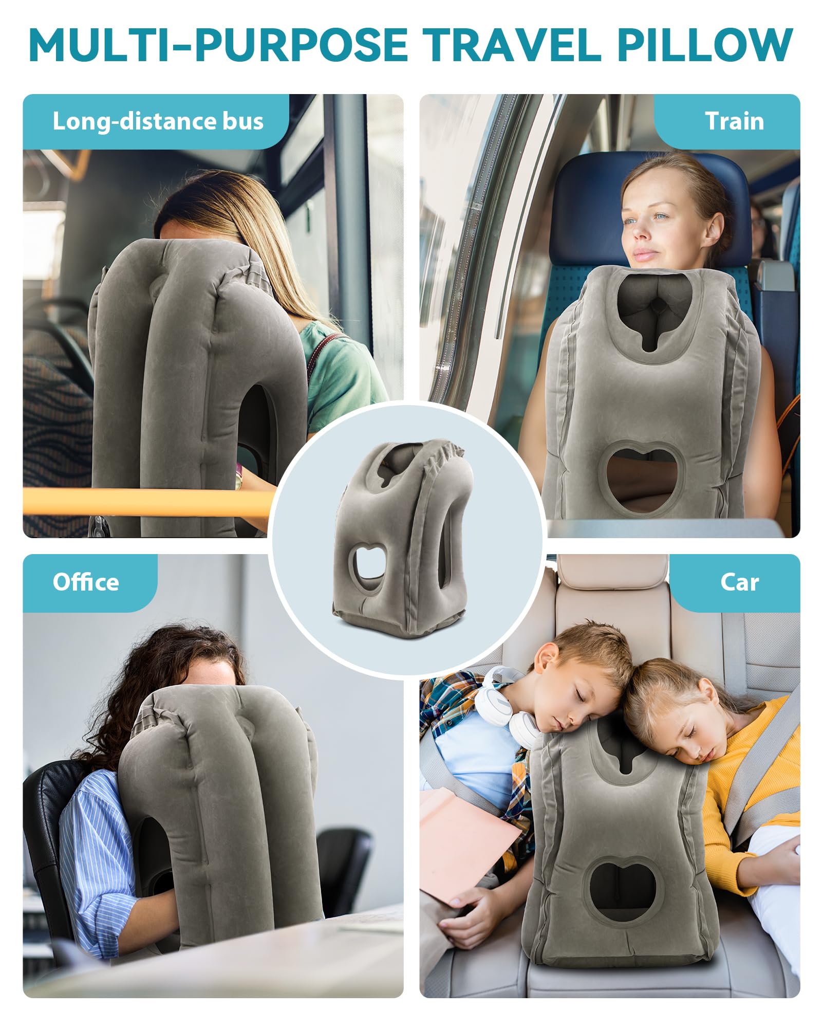 JefDiee Inflatable Travel Pillow, Airplane Neck Pillow Comfortably Supports Head and Chin for