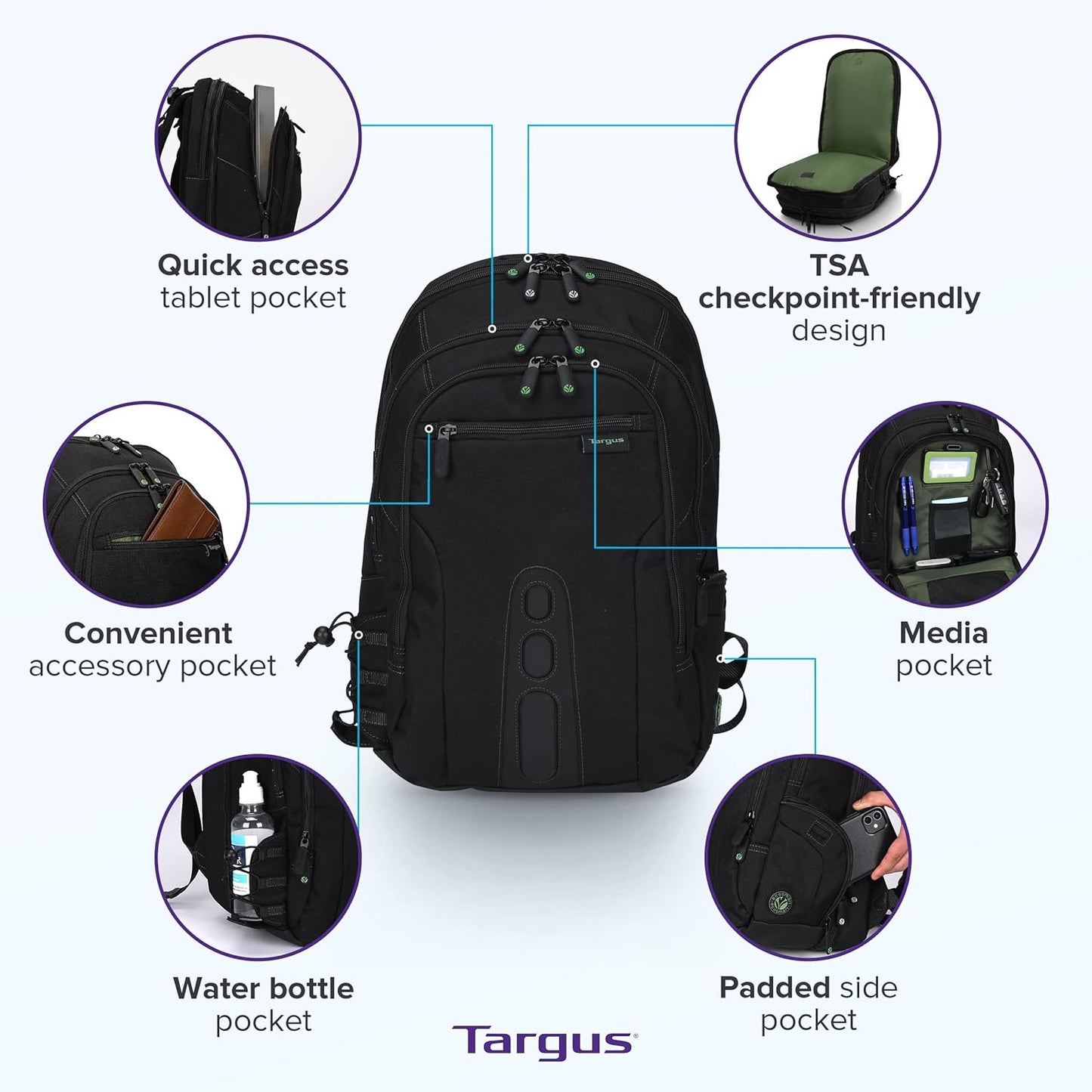 Targus Spruce EcoSmart Travel Laptop Backpack for 17 inch Laptops, TSA-Friendly Carry On Backpack