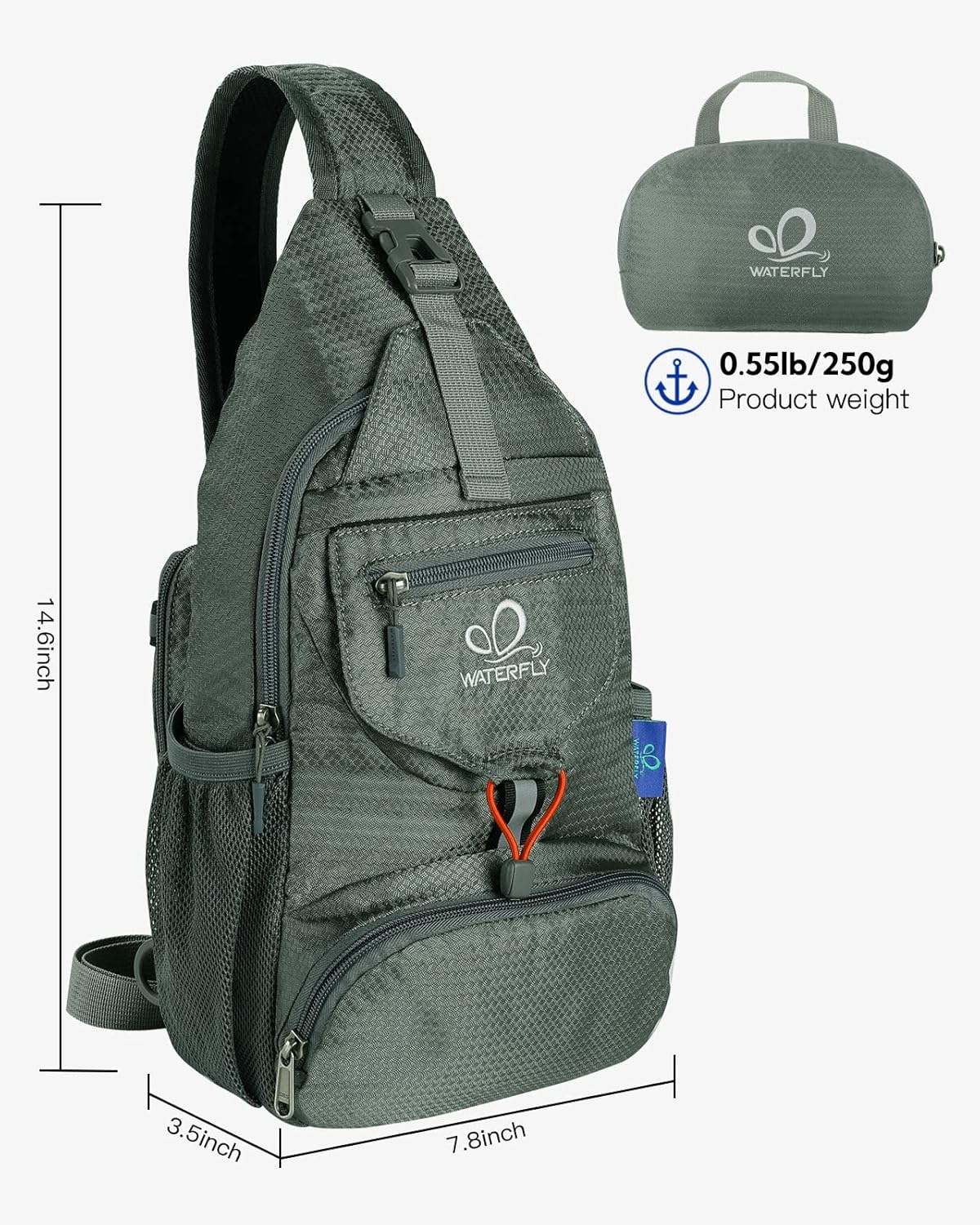WATERFLY Packable Small Crossbody Sling Backpack Shoulder Chest Bag Daypack for Hiking Traveling Grey