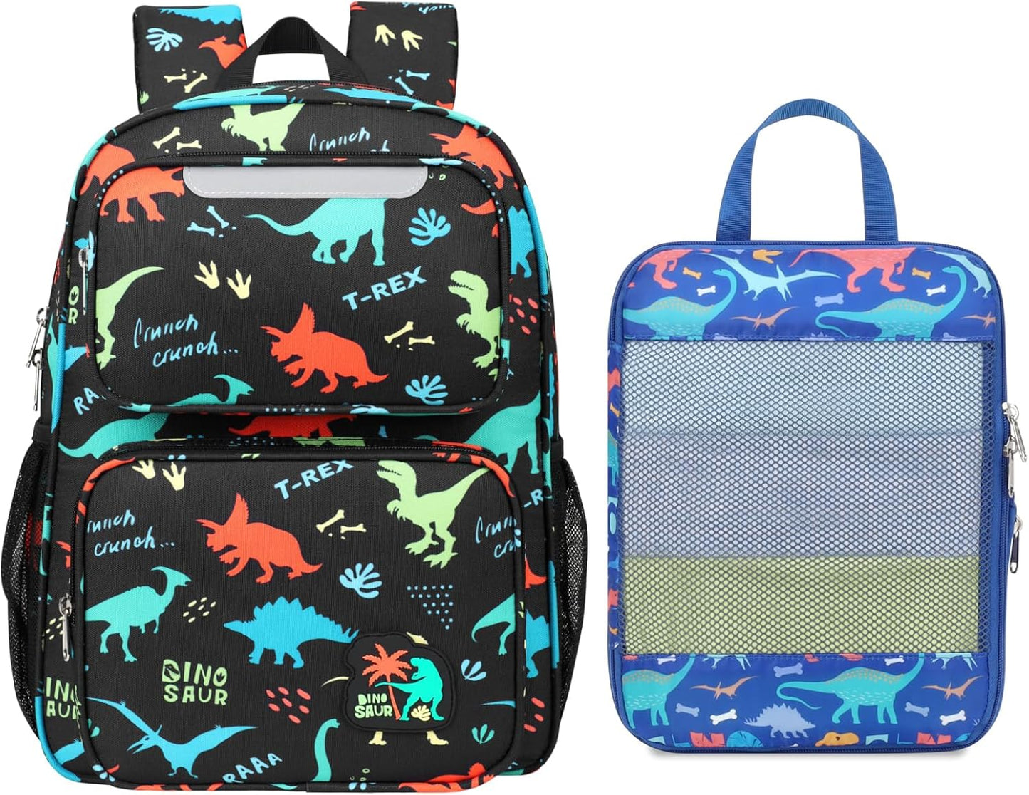 Kids Backpack and Compression Packing Cubes Set - 15 Inch Backpack for Boys 3 to 8, Lightweight Bookbag for Preschool Kindergarten Elementary School, Safe Reflective Stripe, Black Dinosaur