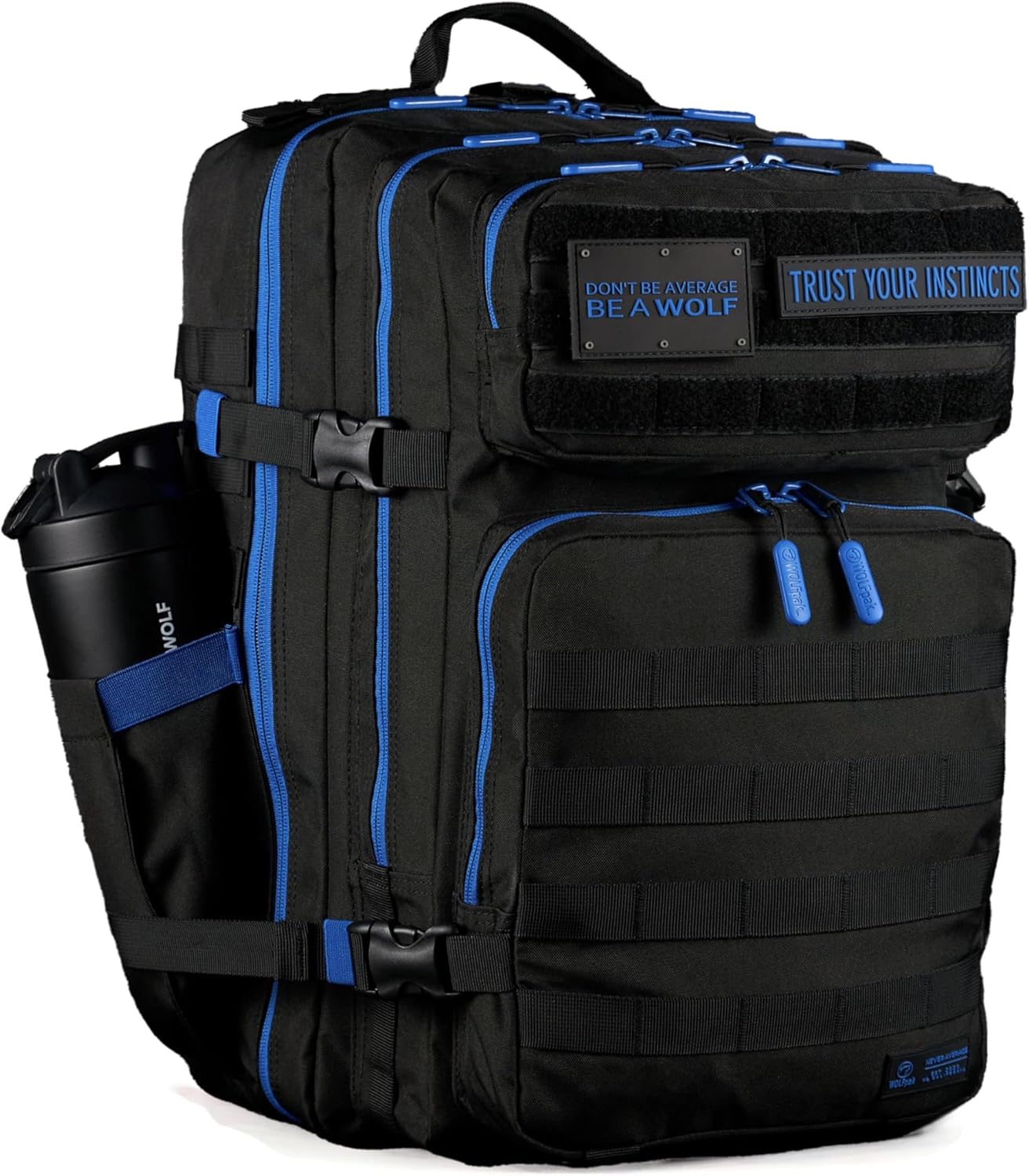 WOLFpak 45L Athletic Gym Backpack - Durable 1000D Waterproof Oxford Material w/MOLLE Webbing, Laptop Pocket & Dual Cup Holders, Durable Everyday Gym Backpack (Blue Wolf)