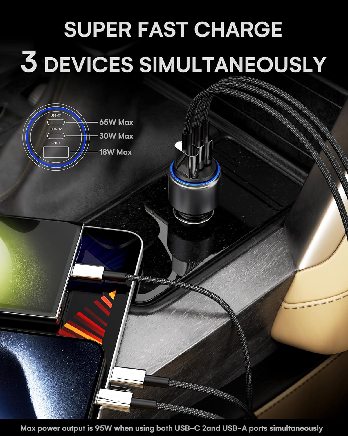 ZEEHOO USB C Car Charger, 95W Fast Charger Adapter Compatible with iPhone 15 Pro Max Plus 14 13 12 Samsung Galaxy S23/22 etc