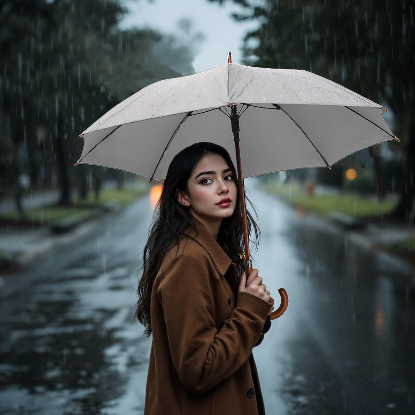 SoulRain 48" Large Umbrella –Windproof Stick Umbrellas for Rain, Automatic Open, Vintage Cane Grey big Umbrella with Classic Wooden Handle,Open for 2 Persons adult,for Women & Men(Grey)