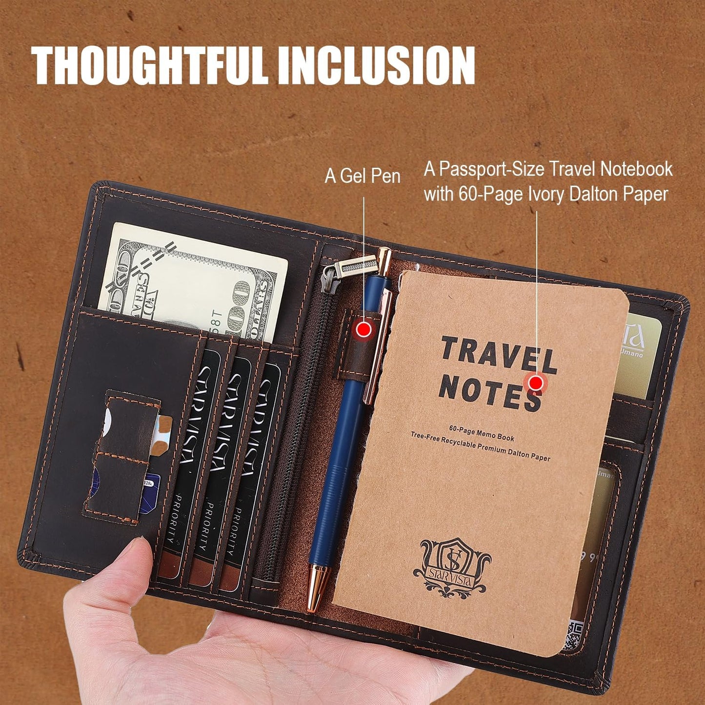 STAR VISTA Phoenix Leather Passport Holder, Full Grain Cowhide Travel Wallet - RFID Blocking, ID Window, Zipper Pocket, Pen & Notebook Included, Dark Chocolate