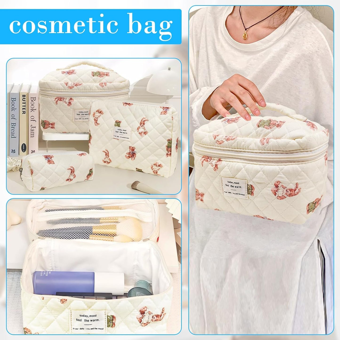 Quilted Makeup Bag, Large Capacity Travel Cosmetic Bag for Women and Girls, Aesthetic Storage for Daily and Travel Use (3pcs-Littlebear)