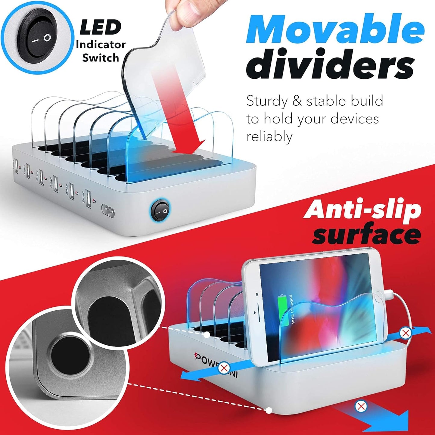 USB Charging Dock - 6-Port - Fast Charging Station for Multiple Devices Apple - Multi Device Charger Station for Apple iPad iPhone and Android Cell Phone and Tablet