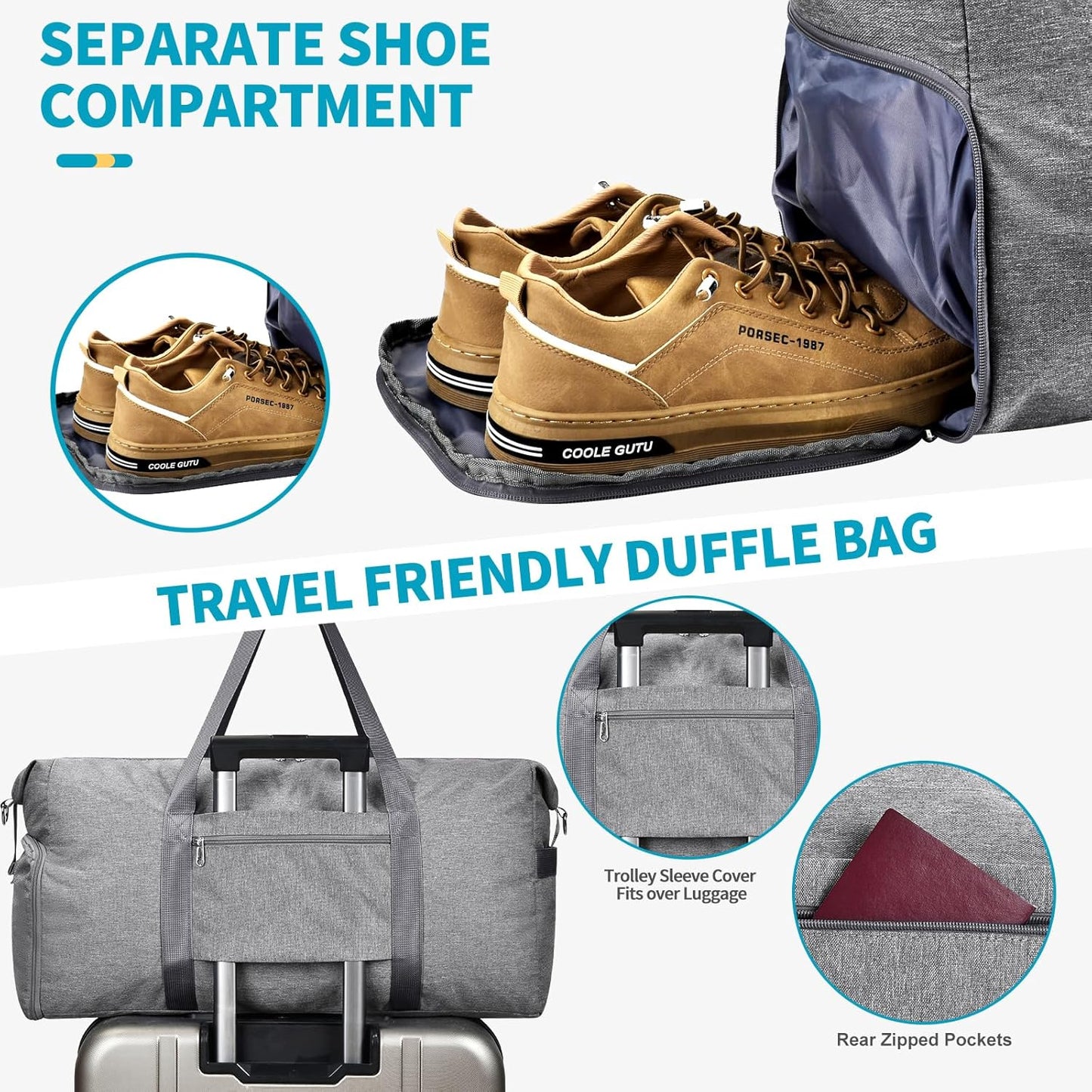 Felipe Varela 65L Duffle Bag with Shoes Compartment, Foldable Carry on Bag Travel Duffel Bags
