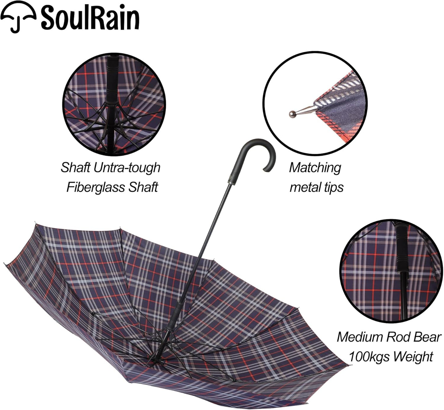 SoulRain 50 Inch Large Stick Umbrella Windproof Automatic Open Oversized J Handle Umbrellas for Men and Women Unbreakable Strong Travel Golf Umbrella