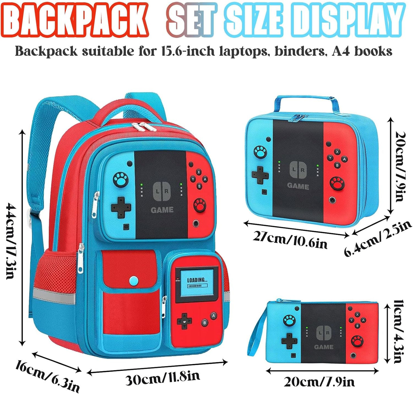 3 Piece School Backpack Set for Boys Girls–Includes 17" Gamer Bookbag, Insulated Lunch Box, Pencil Case–Video Game Controller Design, Durable Lightweight Back to School Bag for Kids and Teens