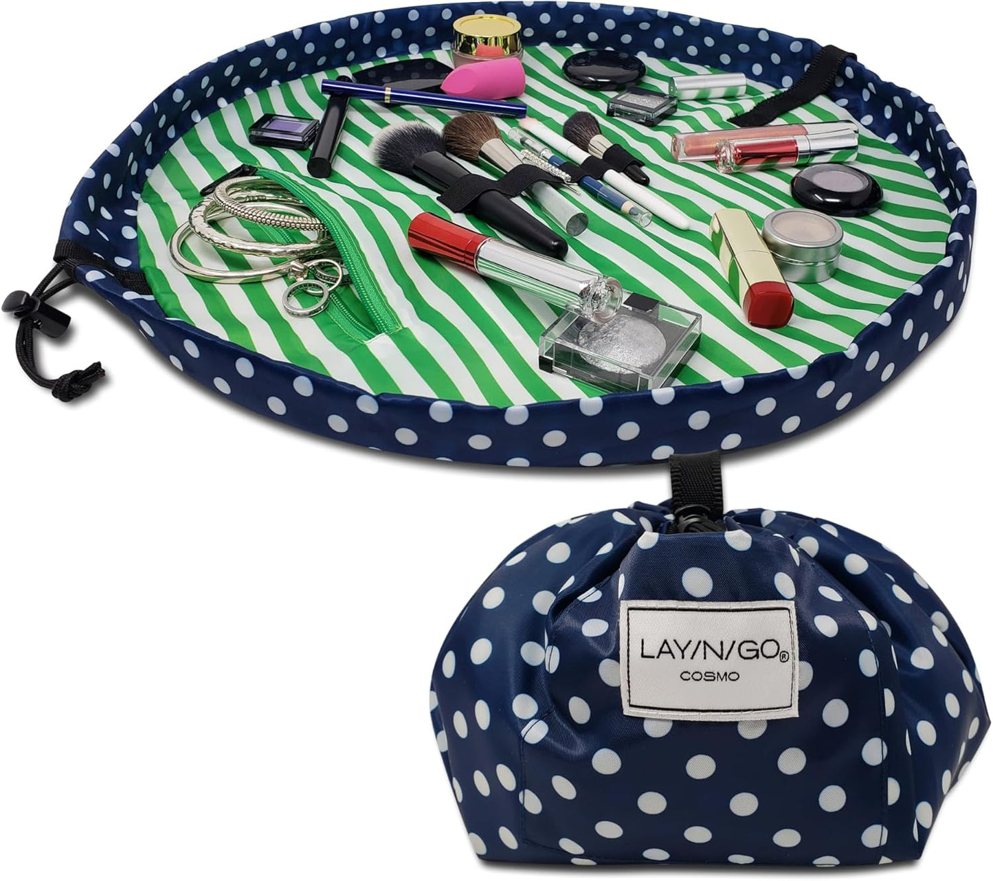 Lay-n-Go Cosmo Layflat Drawstring Cosmetic & Makeup Bag Organizer w/Zipper Pocket, Brush Loops & More, Cinch to Close, Lay Flat to Use, Durable, Machine Wash, Travel Toiletry Bag (20", Navy/Green)