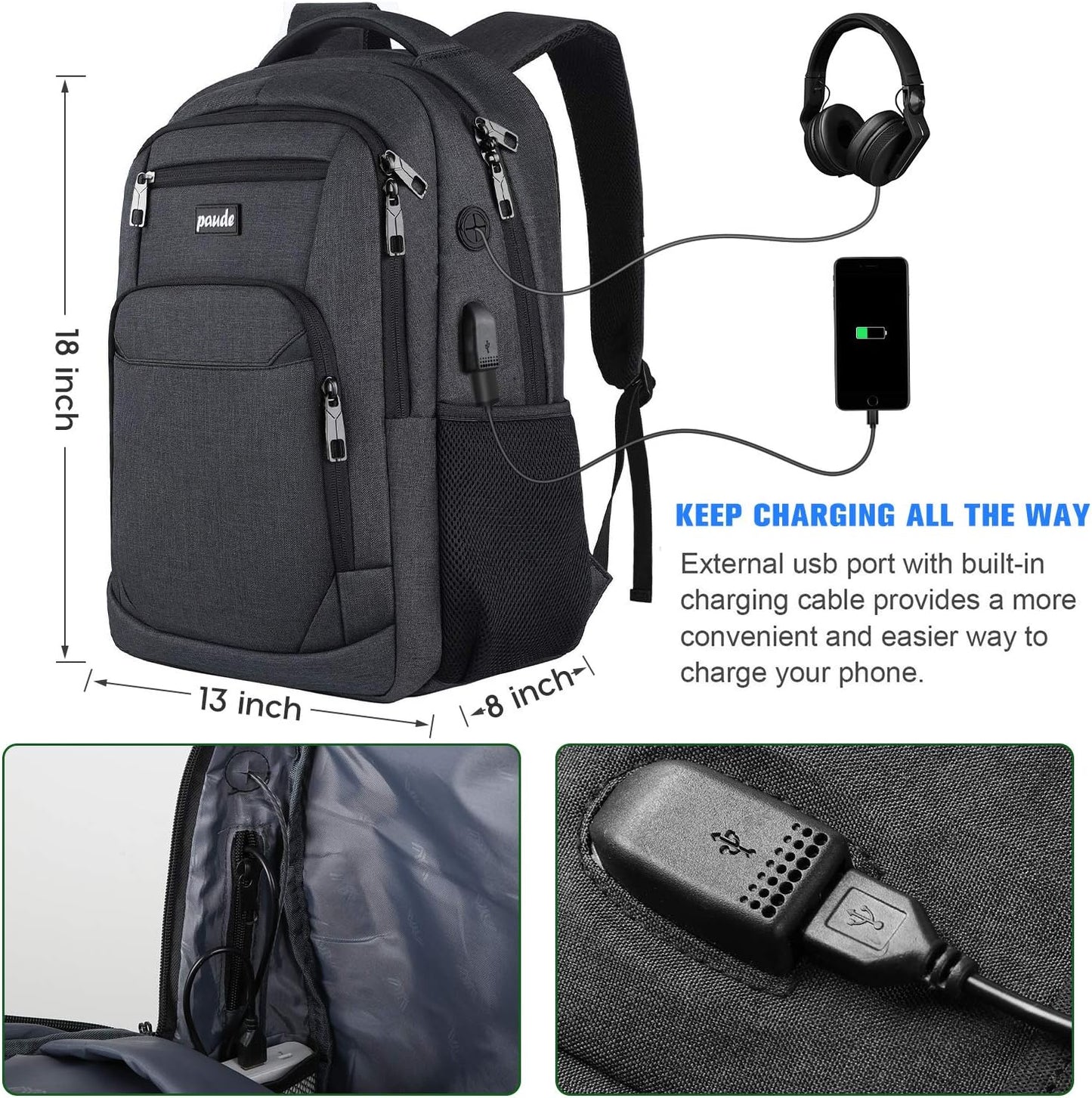Paude Backpack for Men and Women,School Backpack for Teens,15.6 inch Laptop Backpack with USB Charging port for Business College Travel