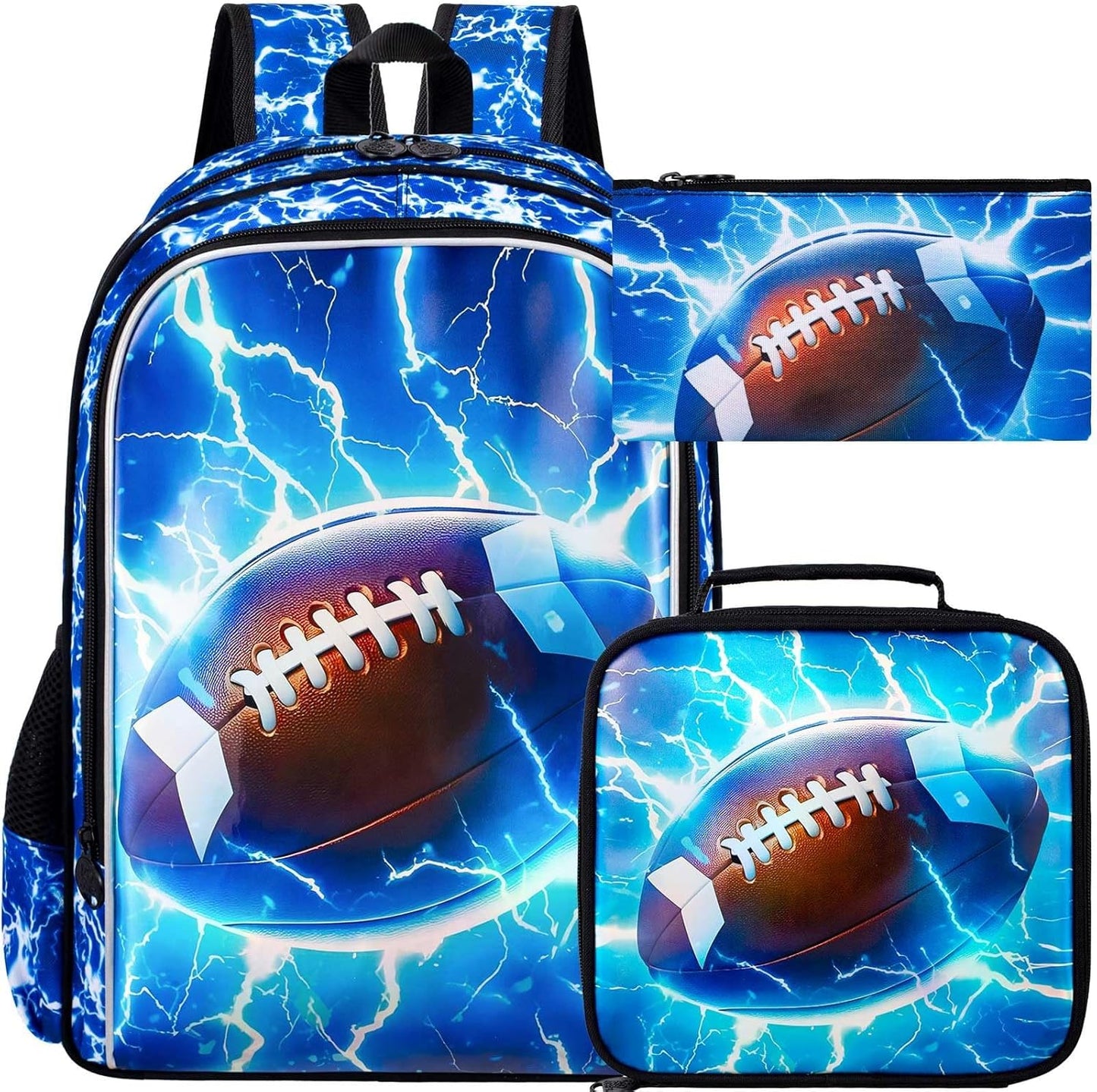 UFNDC 3PCS Kids Rugby Backpack, Boys Lightning Bookbag with Lunch Box, 17" Water Resistant School Bag for Teenagers Elementary Middle
