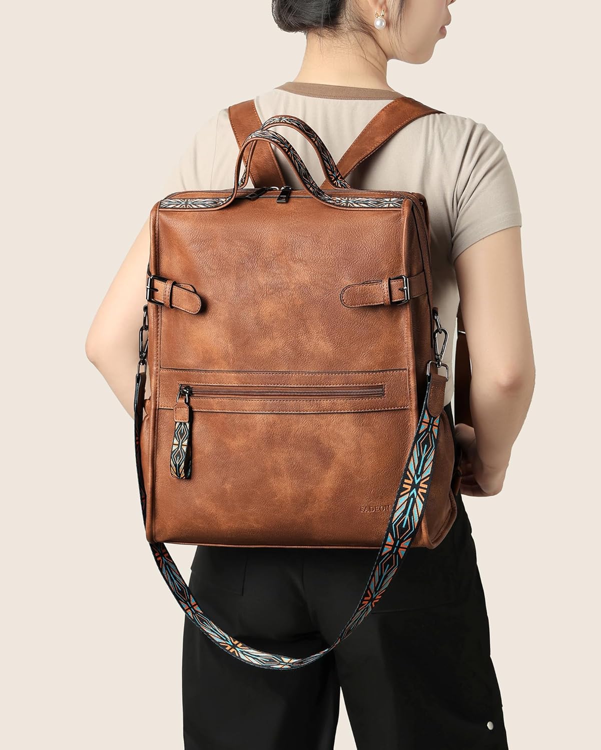 FADEON Leather Laptop Backpack for Women, Designer Ladies Work Travel Computer Backpack with Laptop Compartment Purse Brown