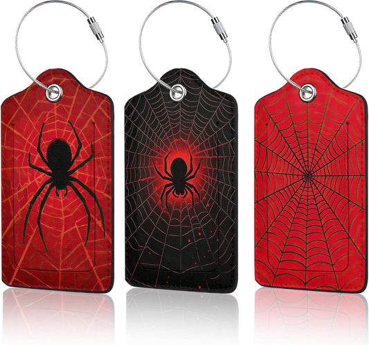 Red Spider Web Luggage Tag for Suitcase,Design with Privacy Flap Name ID Label Metal Loop, 3 Pack