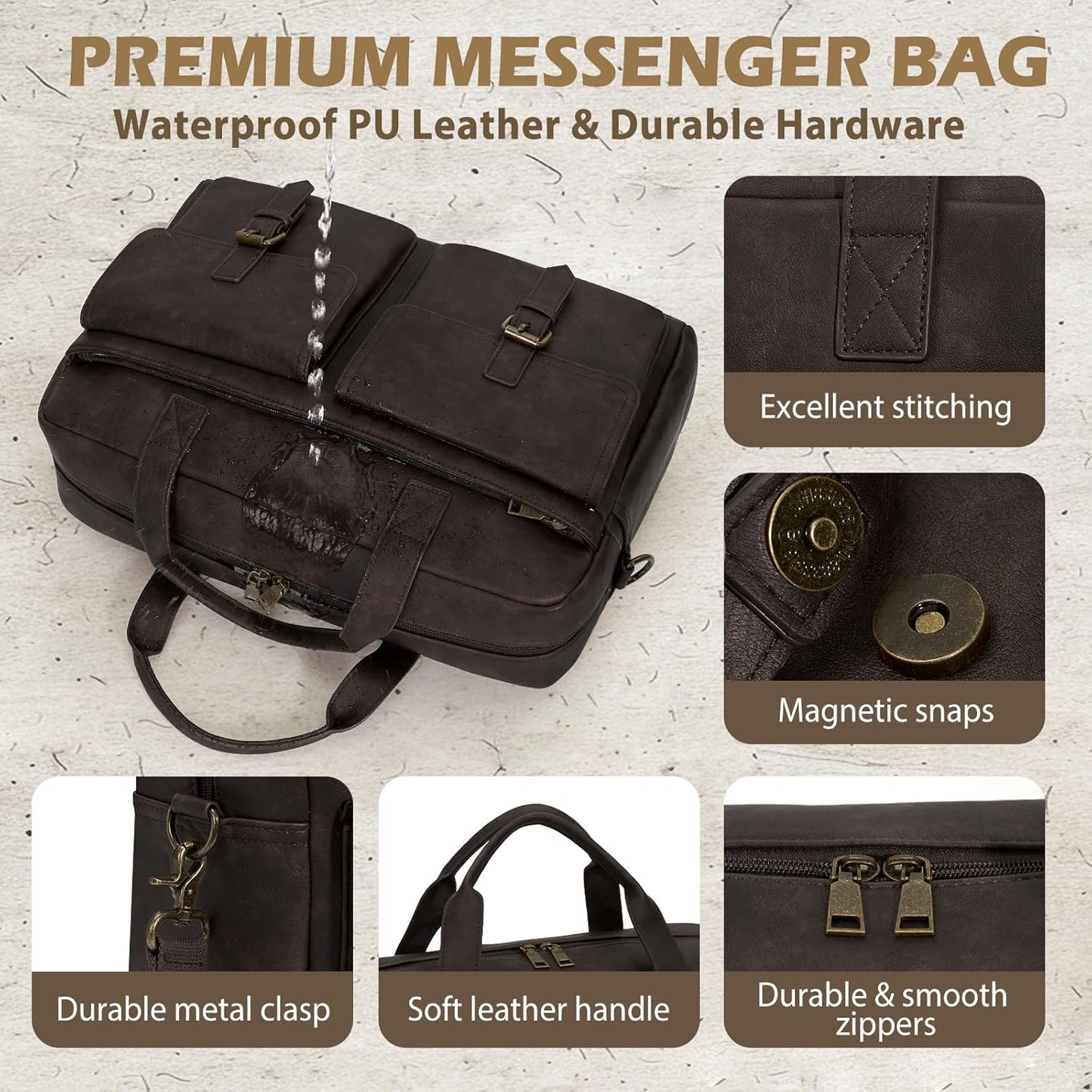 RAINSMORE Messenger Bag for Men 16 Inch Leather Laptop Bags Work Computer Briefcase Vintage Mens Satchel Shoulder Bag for Work, Office, Business, Travel, Coffee