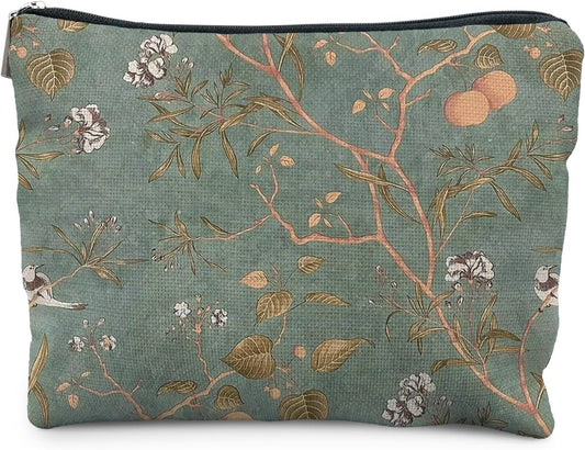 Vintage Floral Bird Makeup Bag, Chinoiserie Green Floral Cosmetic Bags for Women, Rustic Country Botanical Zipper Makeup Pouch