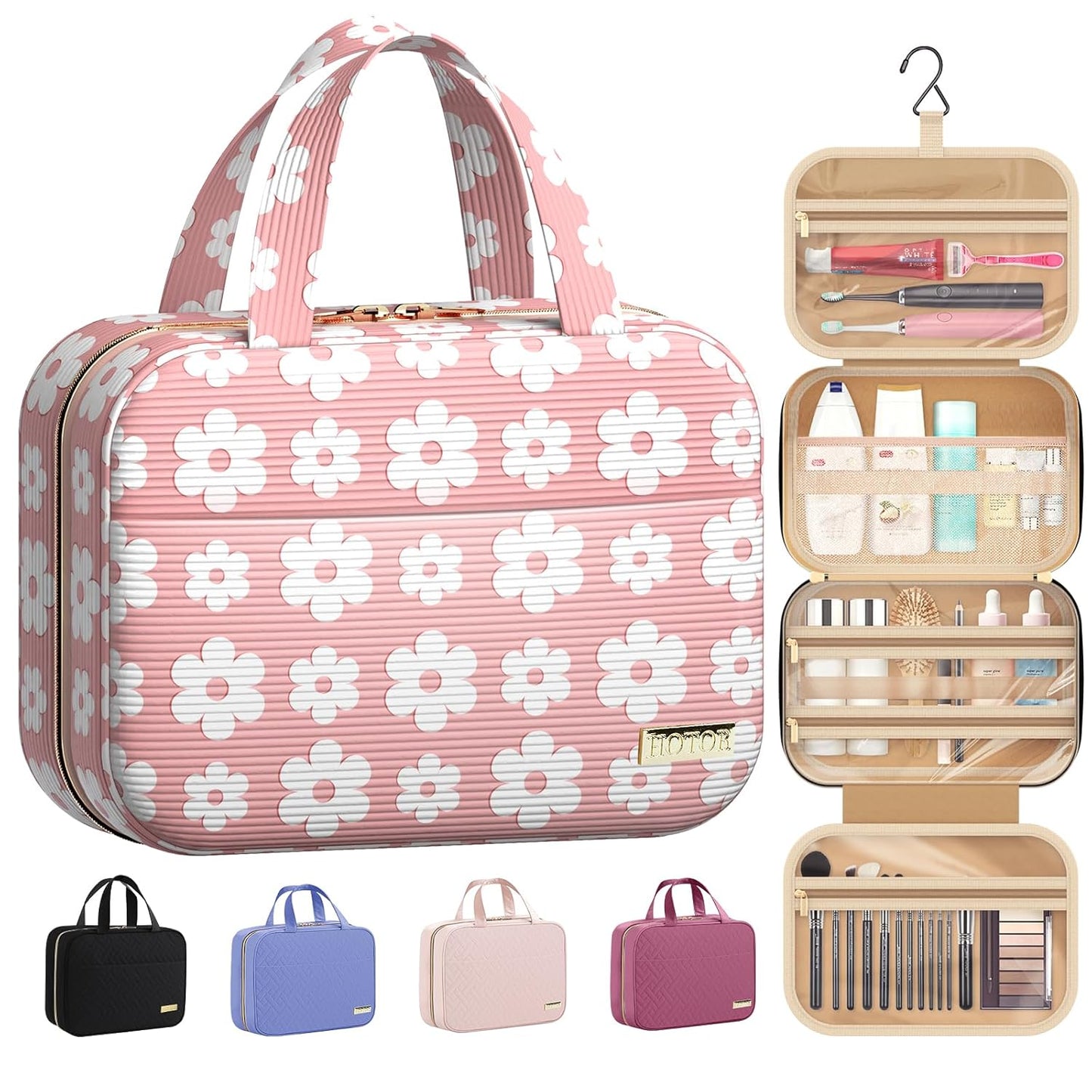 HOTOR Travel Toiletry Bag - Hanging Toiletry Bag for Women & Men, Makeup Bag/Big Comparment, Waterproof for Travel Accessories, Travel Essentials, Medium, Pink with White Daisy