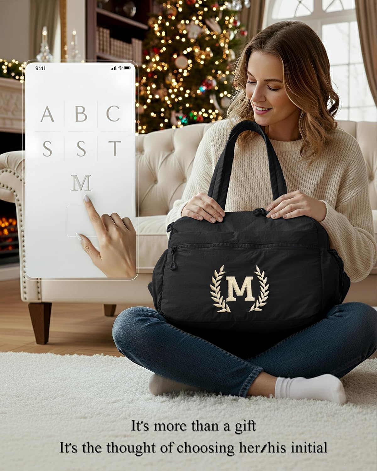 Gym Duffle Bag for Women – Embroidered Custom Initial Sports Bag for Men – Personalized Travel & Workout Duffel with Luggage Sleeve – Thoughtful Gift for Mom, Girl, Daughter, Mother (Black, R)