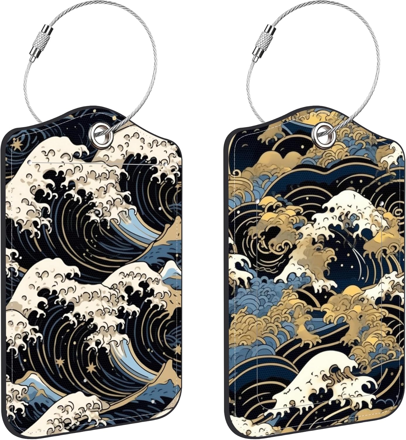 2 Pcs Luggage Tags for Suitcases, Japanese Art Blue and White Waves Leather Bag Tags for Luggage Privacy Cover Name ID Label with Stainless Steel Loop Cruise Airport Travel Essentials