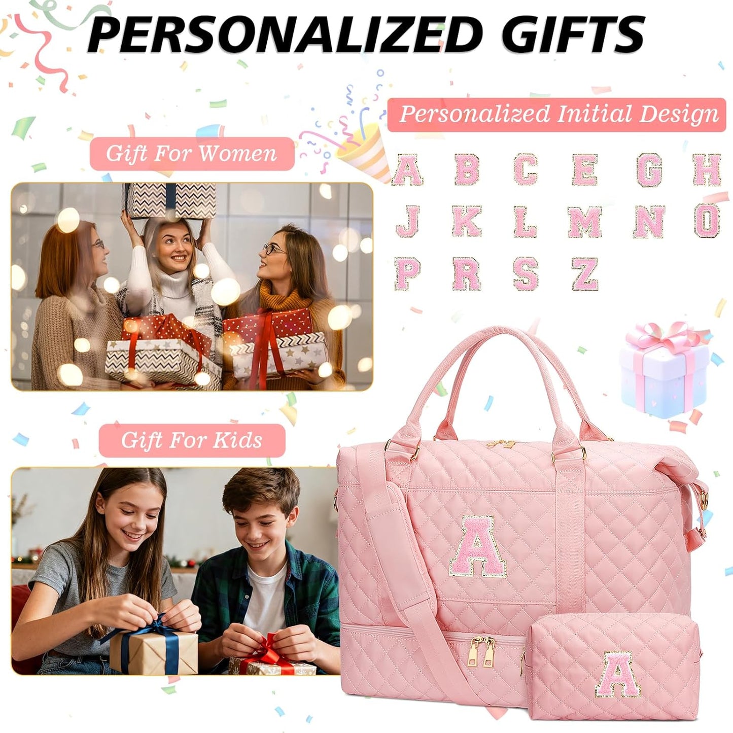 Christmas Gifts for Women Girls Initial Travel Duffle Bag Quilted Weekender Carry-On Overnight with Cosmetic Bag, Gym Bag with Shoe Compartment Personalized Bag, Pink A