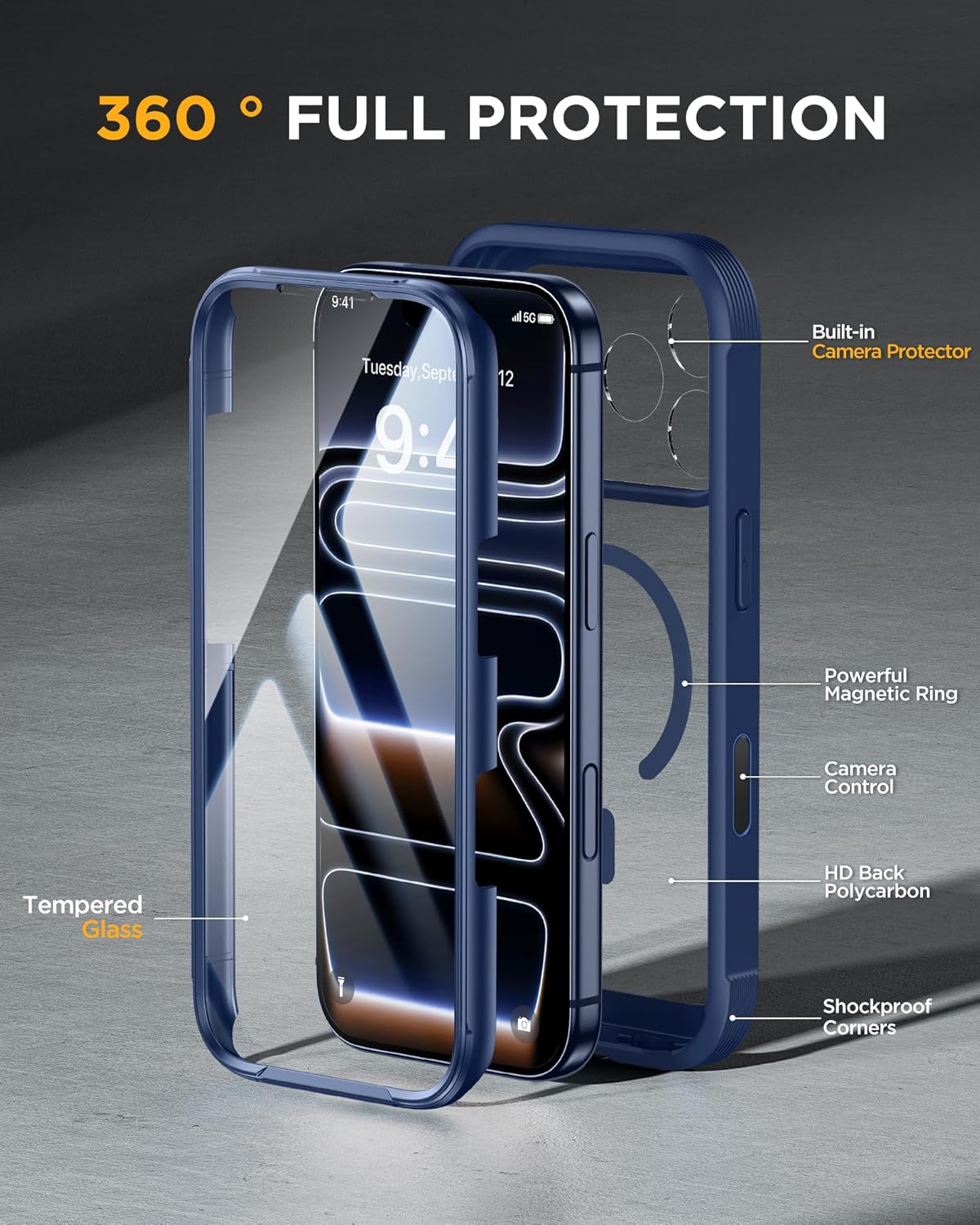 Miracase for iPhone 17 Pro Max Case 6.9" Full-Body Phone Case with Built-in Glass Screen Protector& Full Camera Protector,[Magnetic with MagSafe] Drop Proof 17 ProMax Cover, Blue