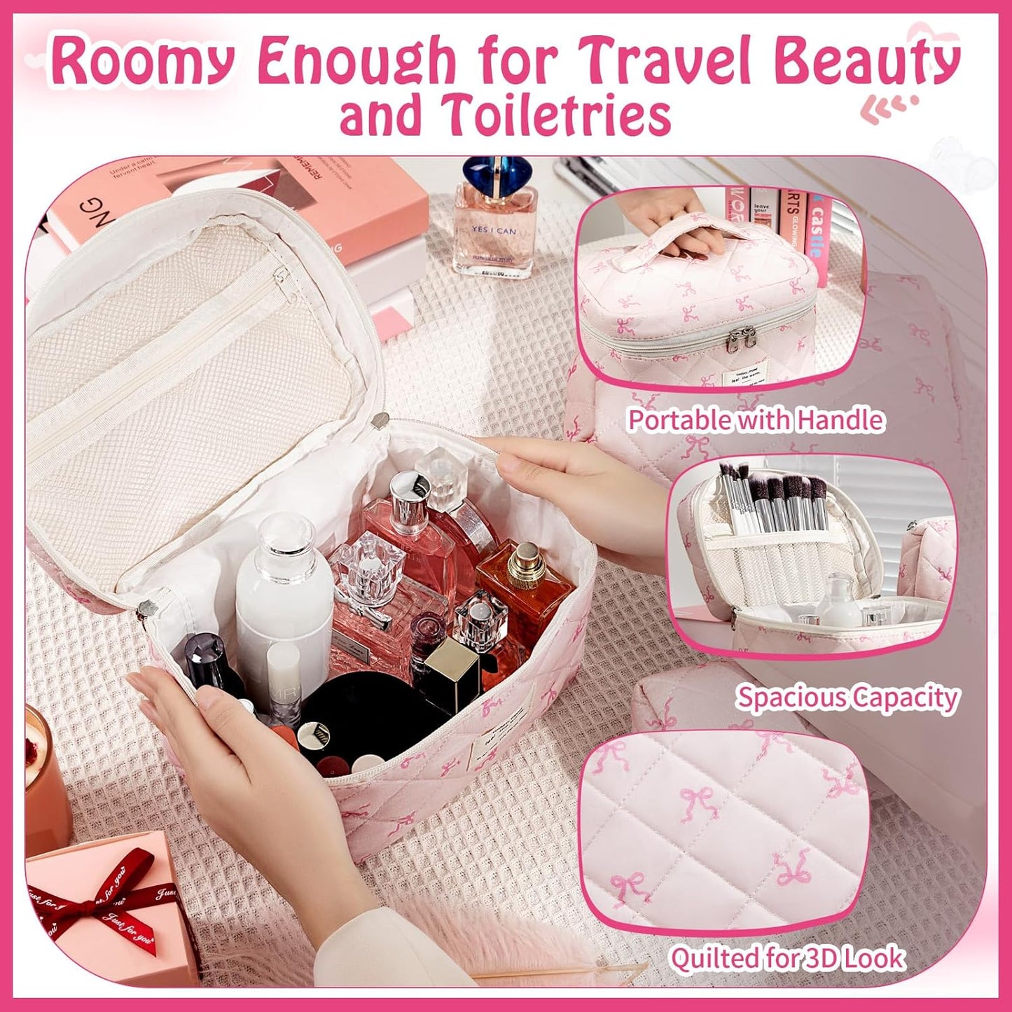Quilted Makeup Bag, Large Capacity Travel Cosmetic Bag for Women and Girls, Aesthetic Storage for Daily and Travel Use (3PCS-Pink SlimBow)