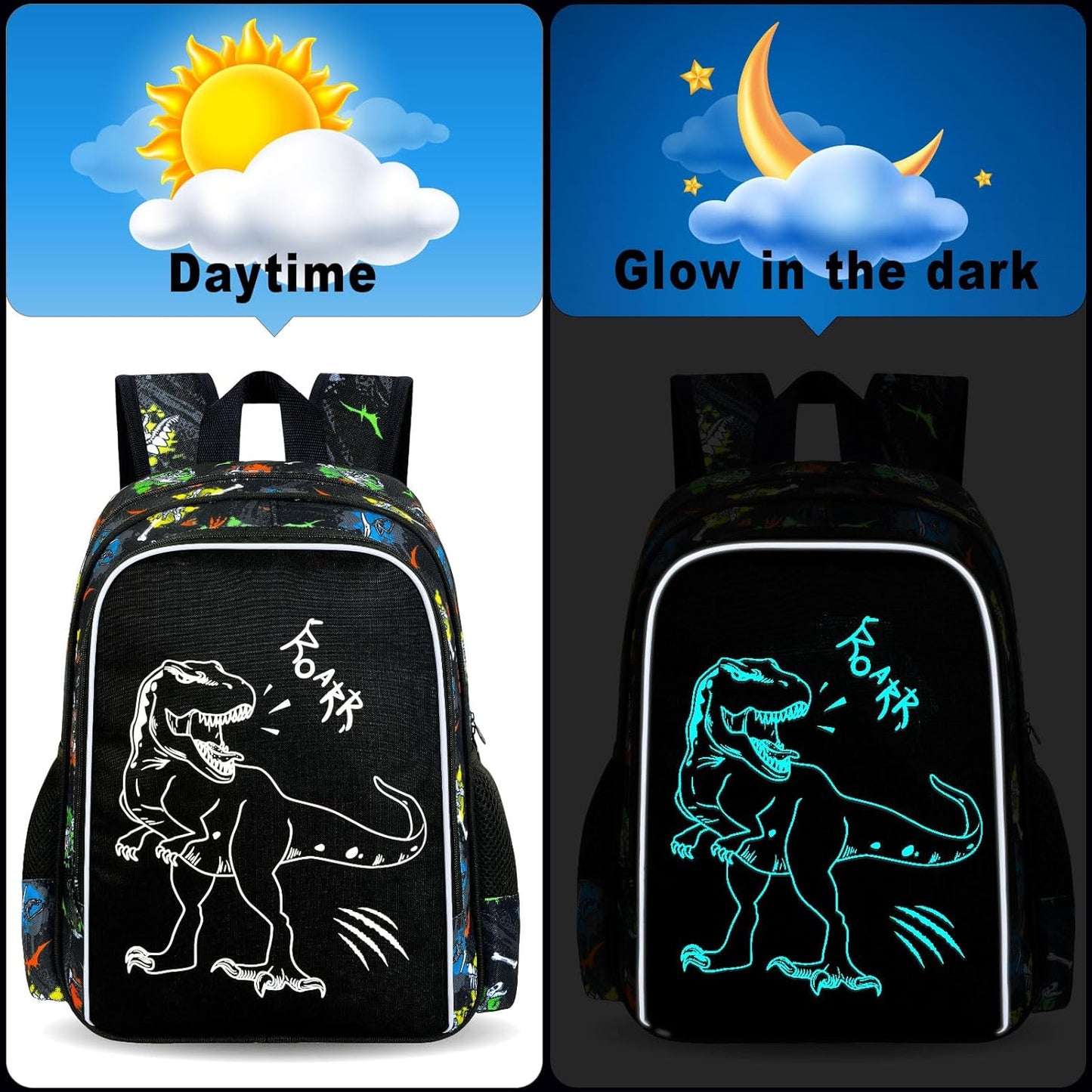 3Pcs Glow in The Dark Dinosaur Backpack for Boys, 17 Inches Dino School Bookbag Set for Teens, Laptop Backpacks with Lunch Bag(Black)