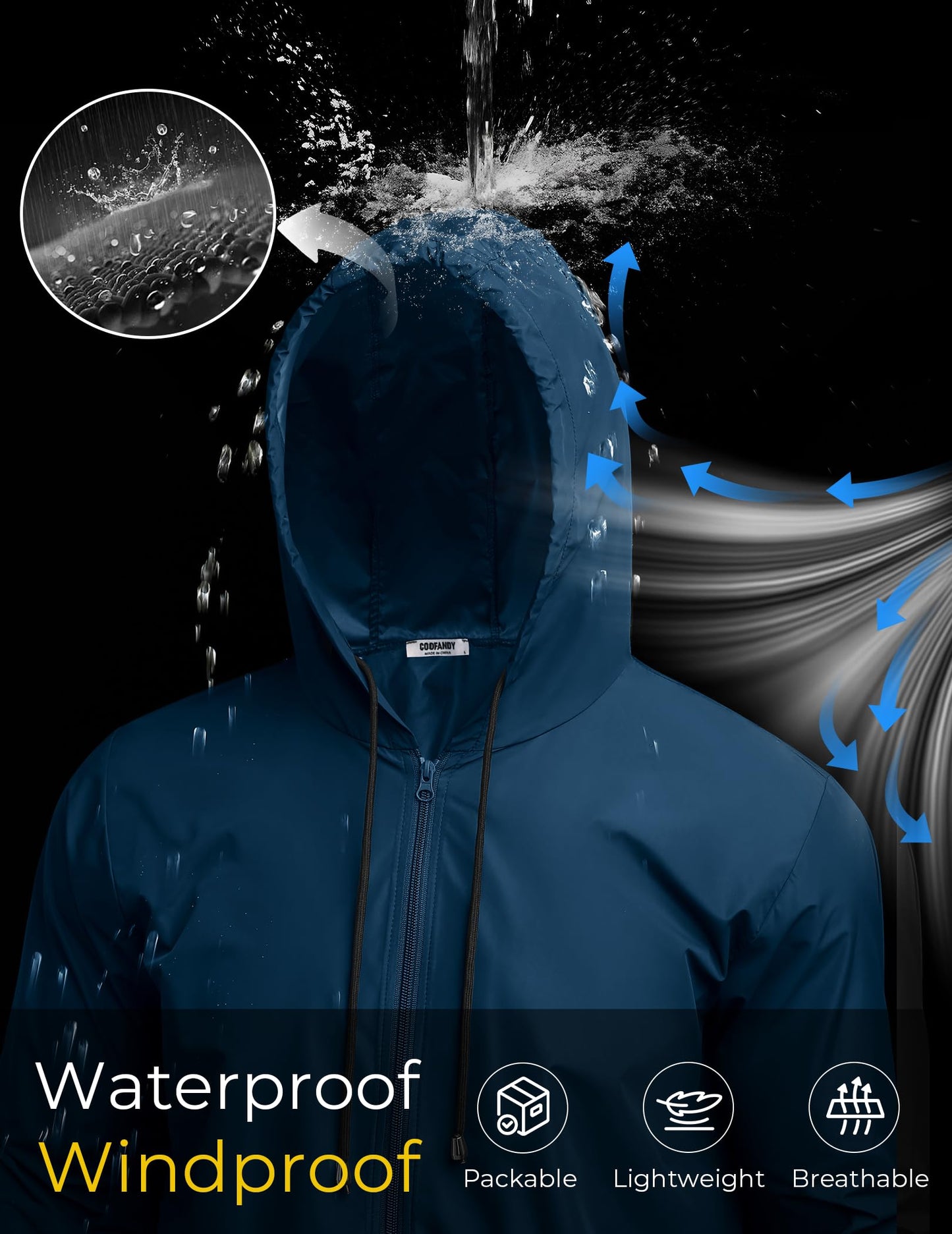 COOFANDY Rain Gear for Men Waterproof Lightweight Raincoats with Hood