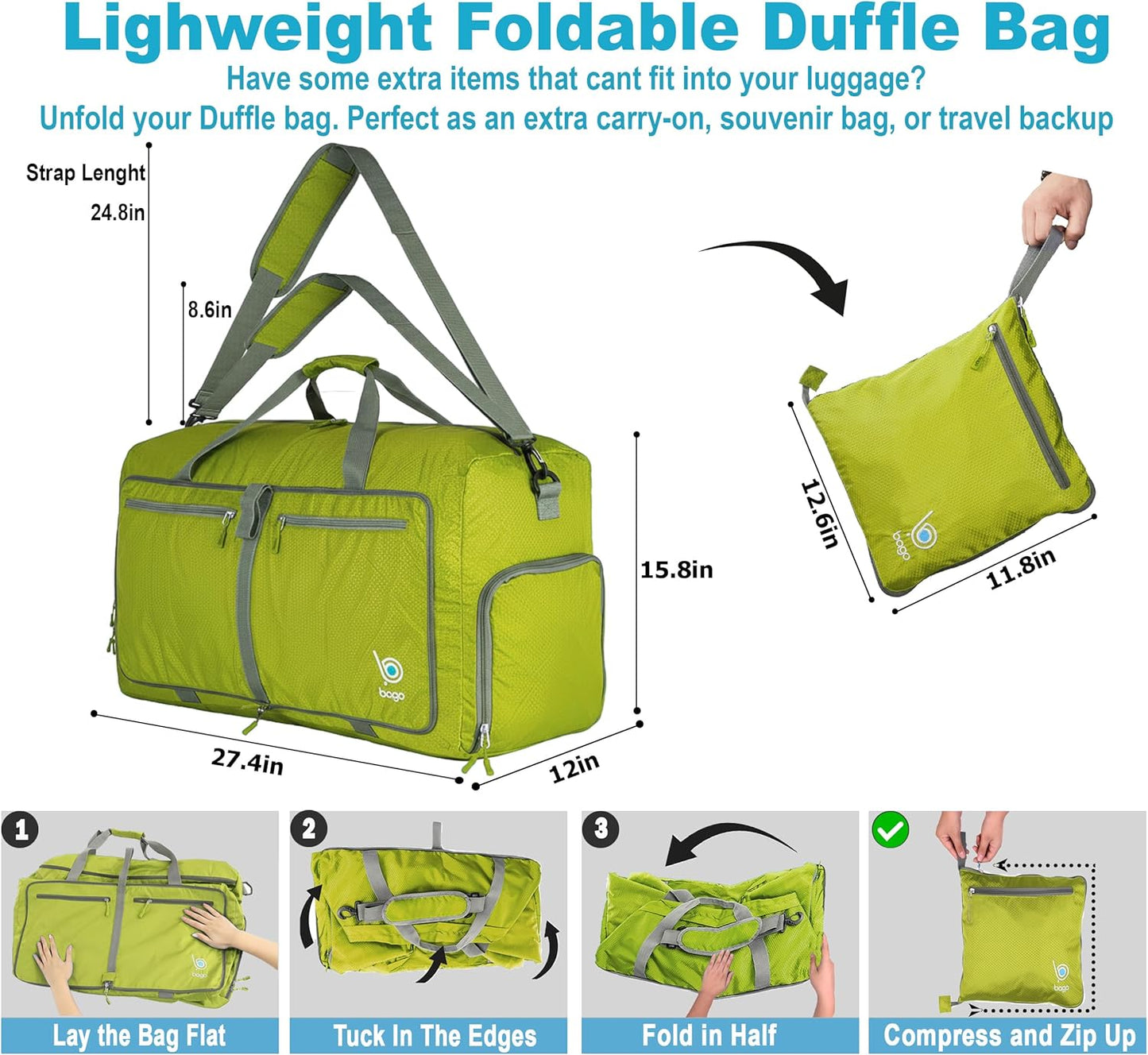 Bago Foldable Duffel Bags for Traveling Women & Men - 60L Medium Packable Duffle Bag for Travel with Shoe Compartment - Water Repellant, Heavy Duty, Lightweight Folding & Collapsible (Green)