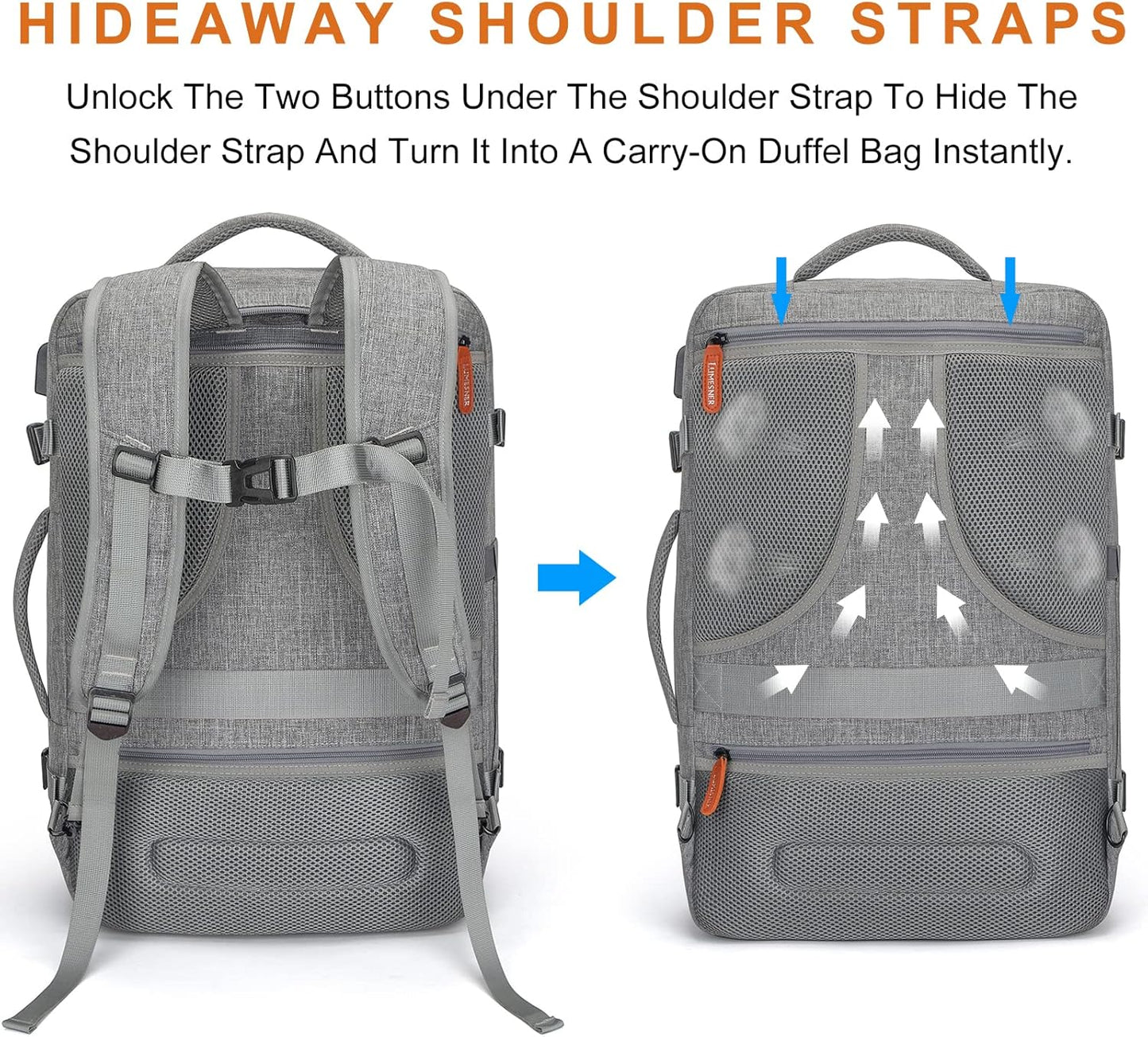 Lumesner Carry on Travel Backpacks, Extra Large 40L Flight Approved for Men & Women,Expandable Suitcase backpack (Grey (Backpack With 4 Packing Cubes))