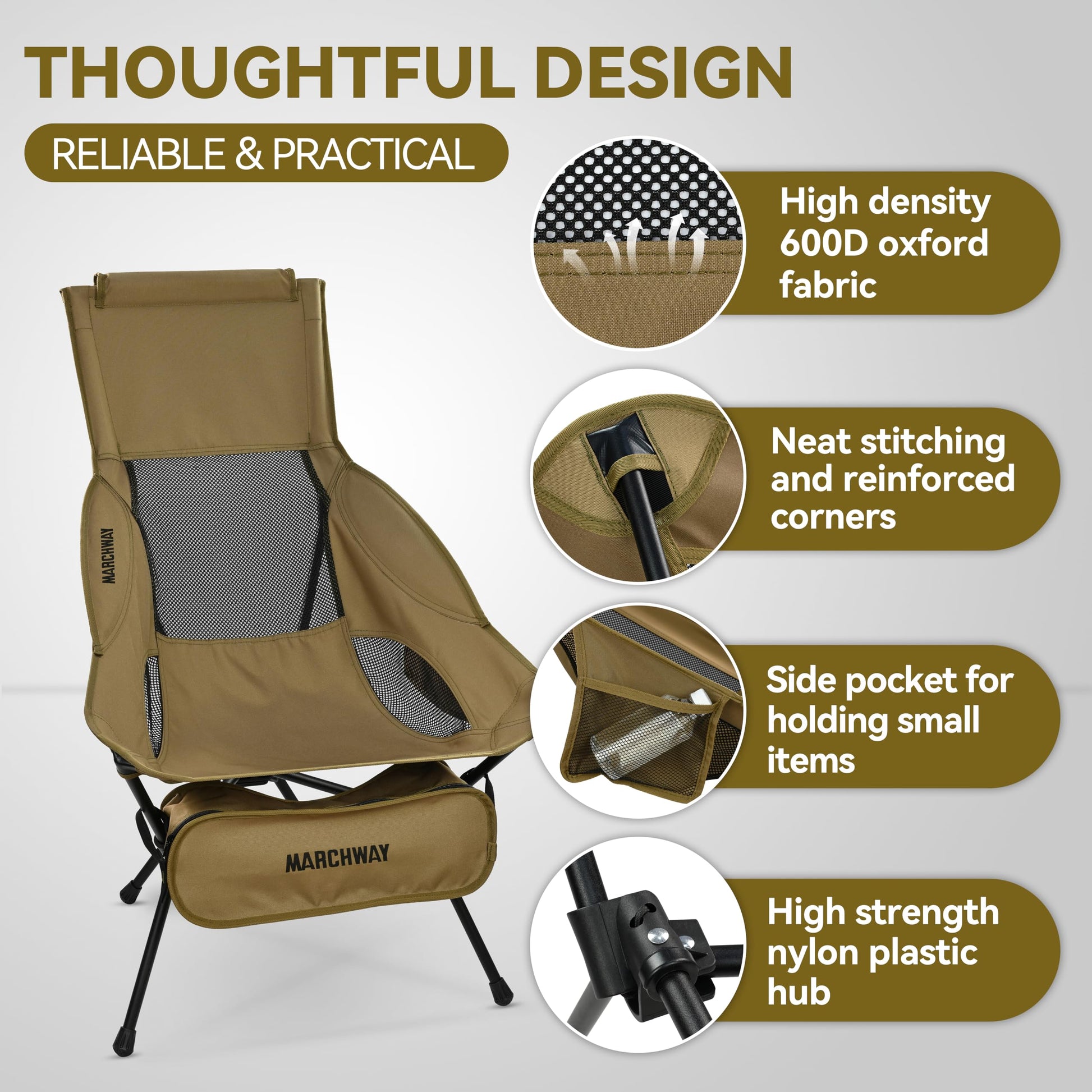 MARCHWAY Lightweight Folding High Back Camping Chair with Head Support, Stable Portable Compact for
