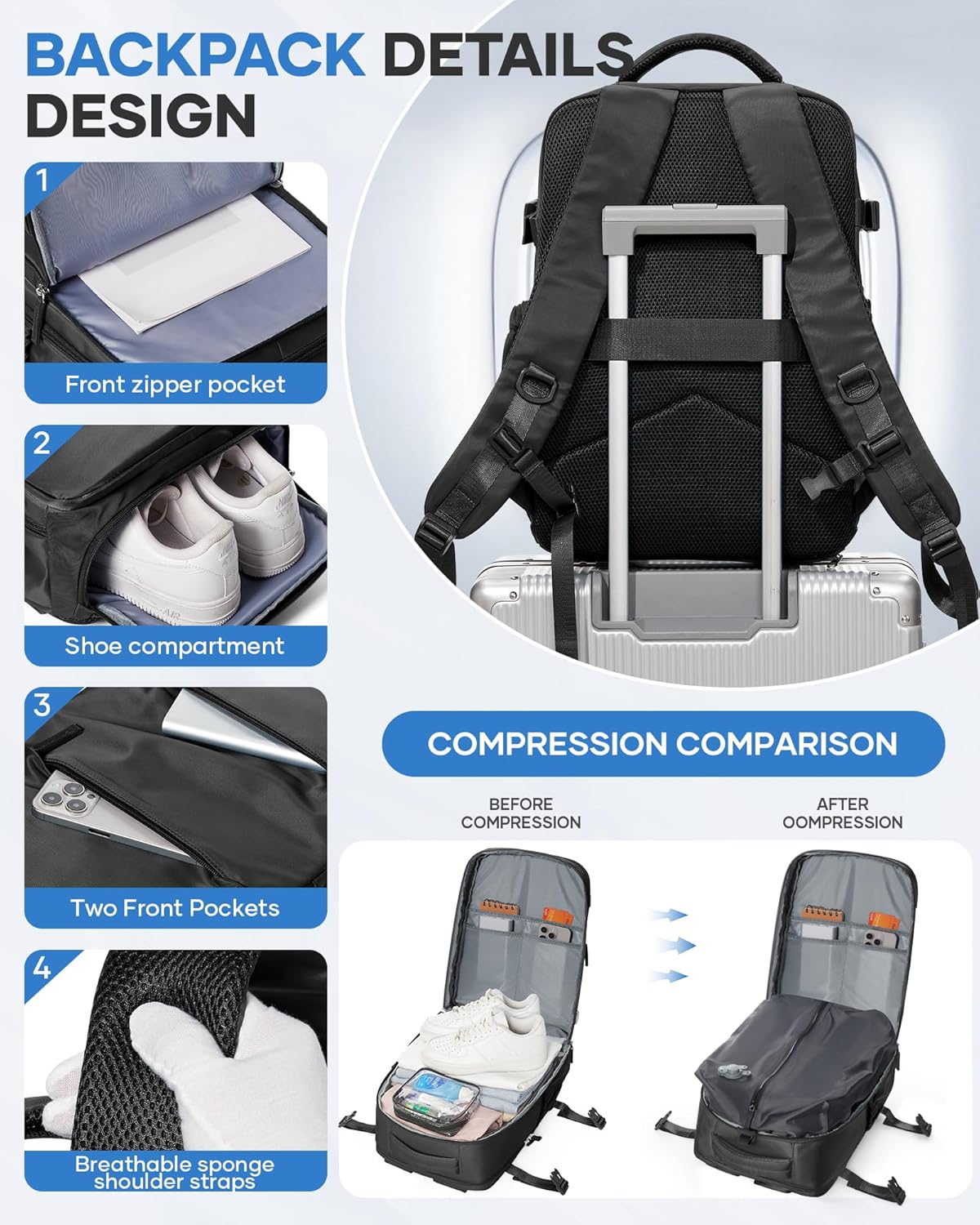 Vacuum Backpack Travel with Pump,Travel Backpack with Vacuum System, Shoe Compartment, United Airlines Personal Item Bag 17x10x9,Mochila compresion al vacio,Black