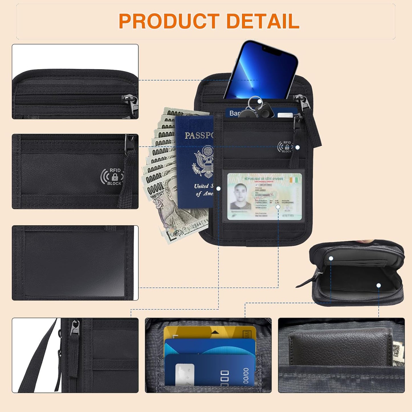 RFID Blocking Neck Wallet Small Crossbody Bag Travel Passport Holder Slim Minimalist Design Security Neck Pouch