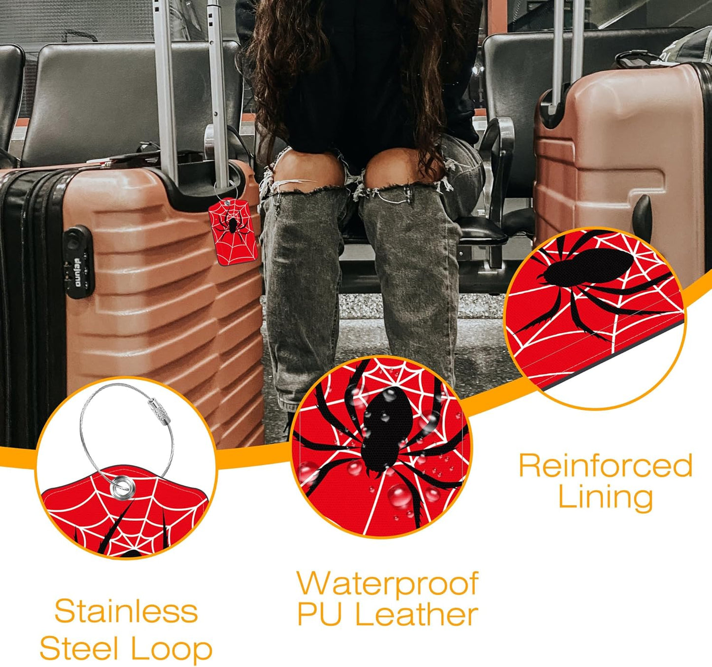 3 Pack PU Leather Luggage Tag for Suitcase Spider and Spider Web Suitcase Tags with Privacy Name ID Label and Stainless Steel Loop for Travel Bag
