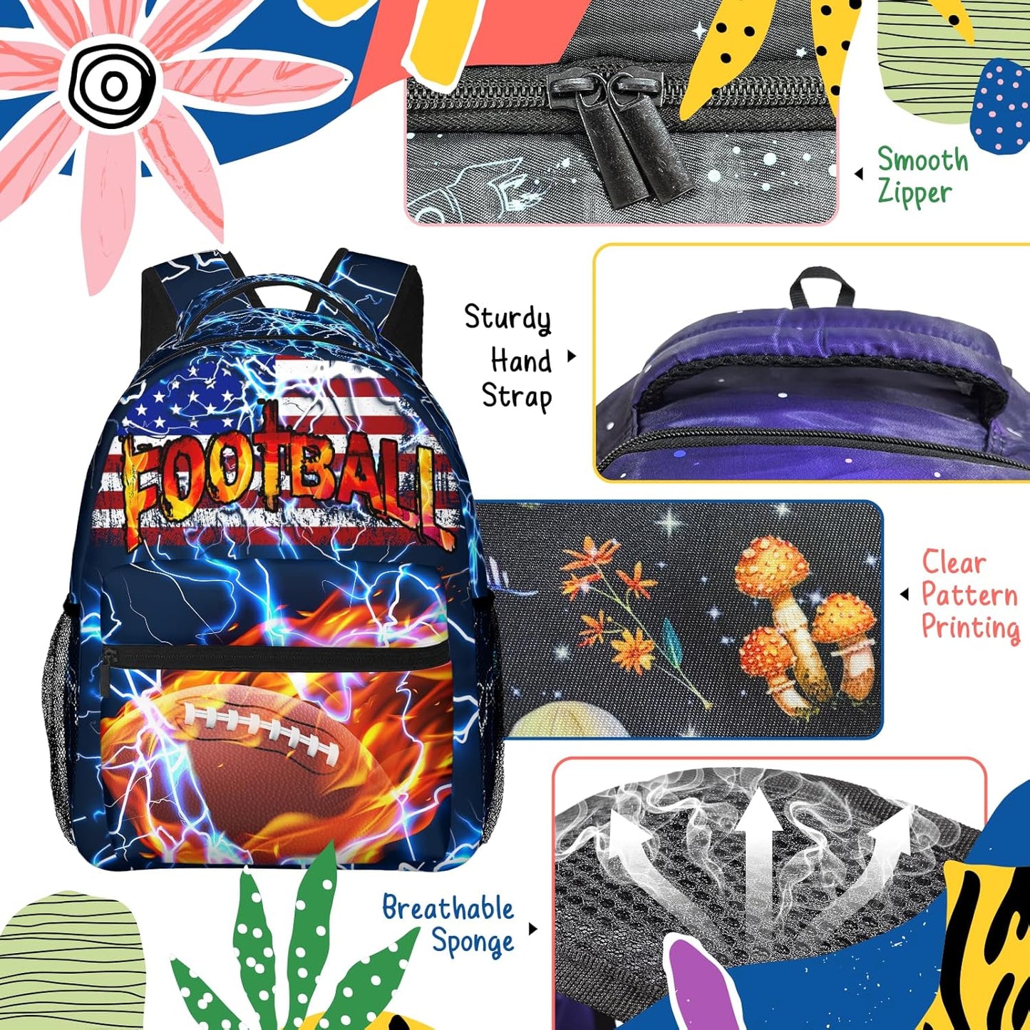Football US Flag Kids Backpack for Boys Girls Rugby Patriotic Elementary Schoolbag Kindergarten Gamepad Bookbags Preschool Toddler Book Bags Travel Bag Hiking Camping Rucksack Daypack