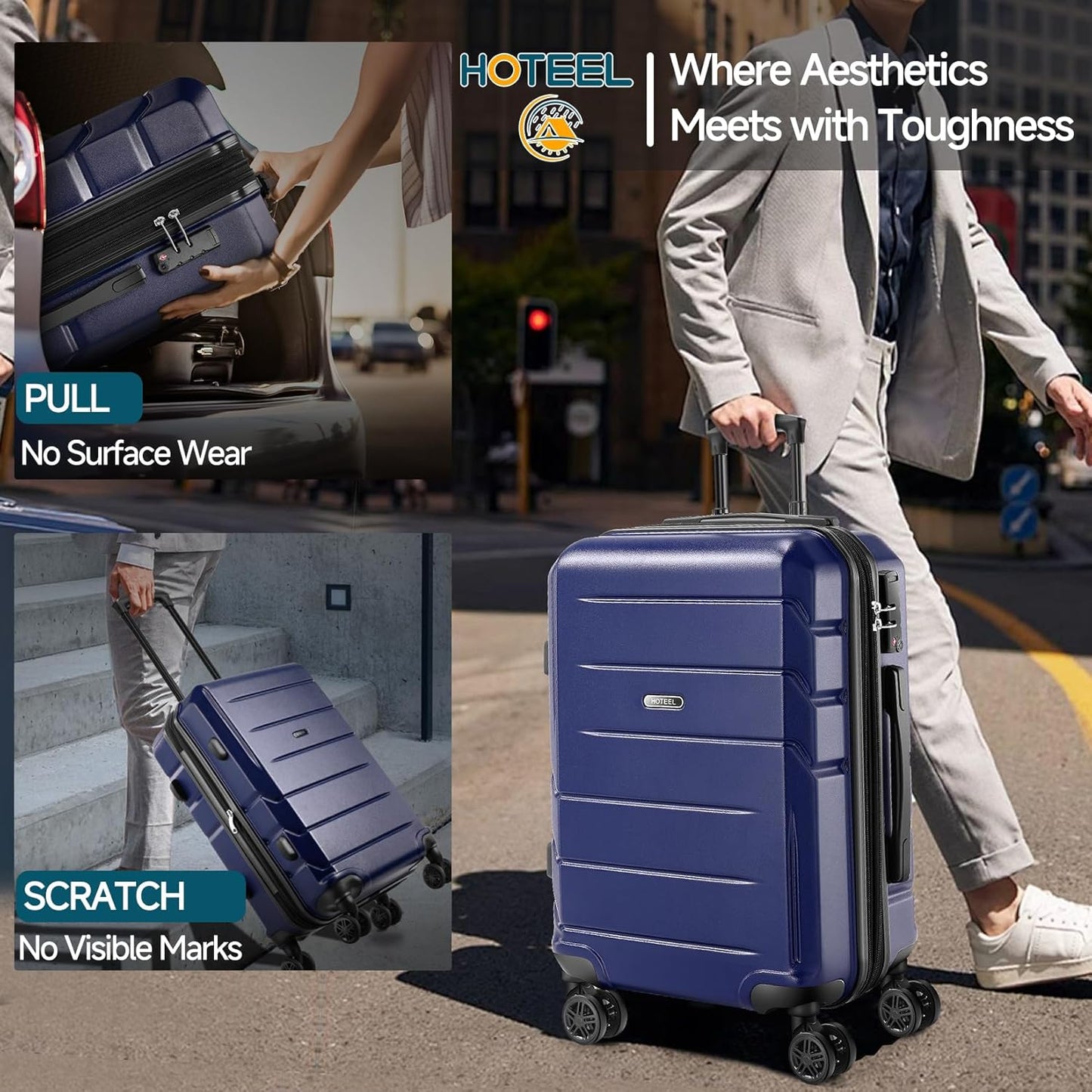 Hoteel Luggage Sets 3 Piece, 4-Yr Warranty ABS+PC Hard Shell Expandable Suitcases with Wheels, TSA Aproved Lock and Carry on Bags, Travel Suit Case Set for Men and Women, (3-Piece, Blue)