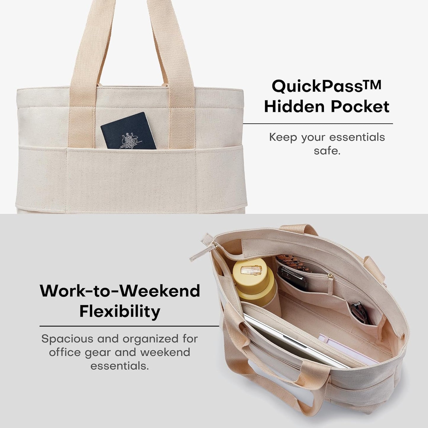 Everyday Large Tote Bag for Women with Laptop Sleeve, Pass-Through Band, Luggage Sleeve, Drink Bottle Holder, Simple Modern Tote Bag for Travel, Work, Commute & Daily Use - 22L - Natural