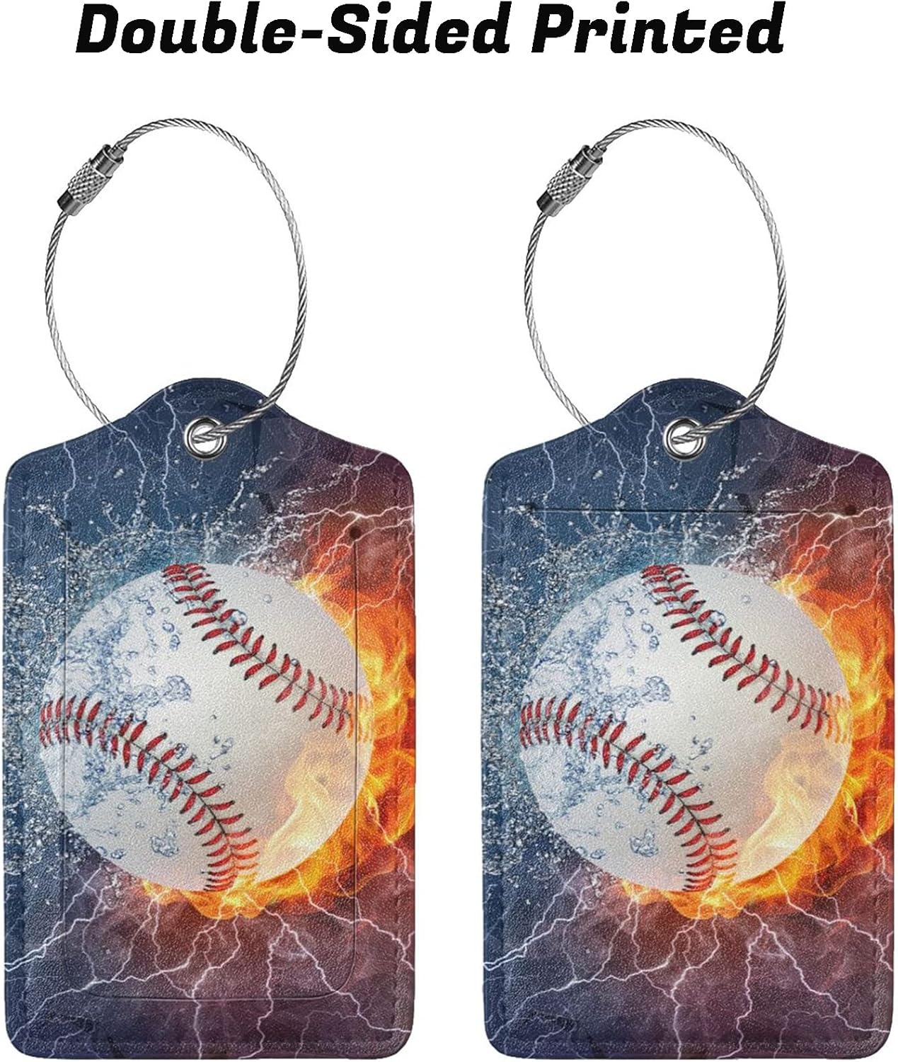 2 Packs Baseball Luggage Tags for Suitcases for Sports Men Boys Kids Travel, Name ID Card Labels Set PU Leather with Full Back Privacy Cover Stainless Steel Loop Baggage Tags