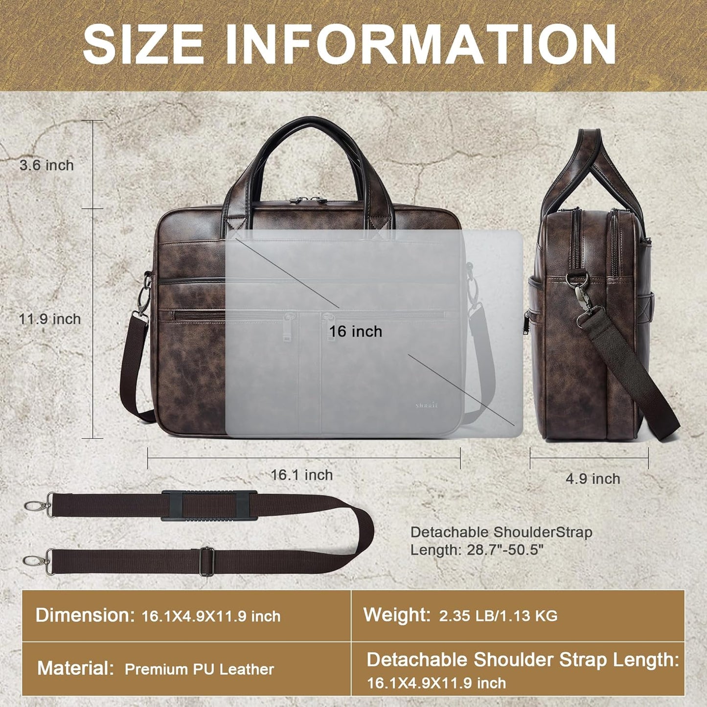 Shrrie Leather Messenger Bag for Men&Women 16 inch Laptop Bag,Water-Resistant Retro Leather Briefcase for Men Business,Work