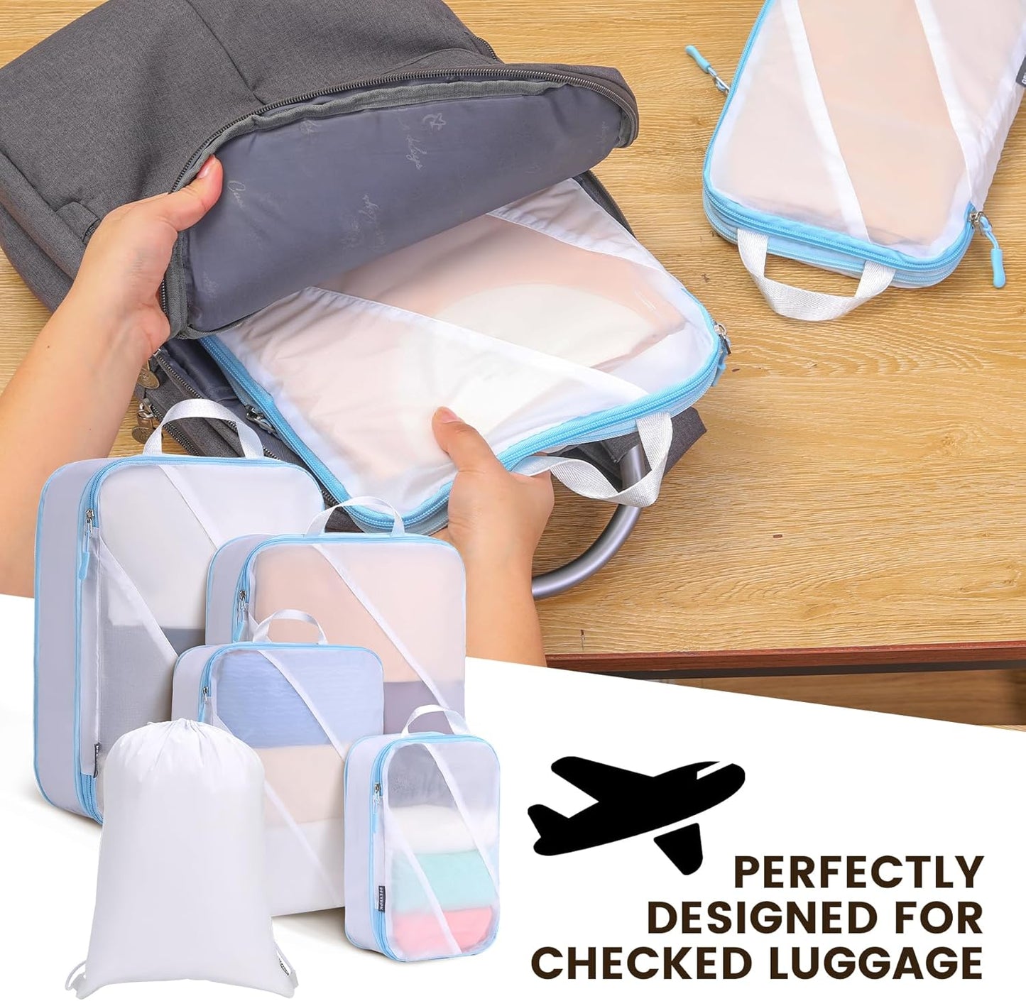 Lightweight Compression Packing Cubes for Suitcases, Compressible Expandable Travel Packing Organizer with Clear Toiletries and Backpack Bag, Travel Essentials for Carry on Luggage 7 Set
