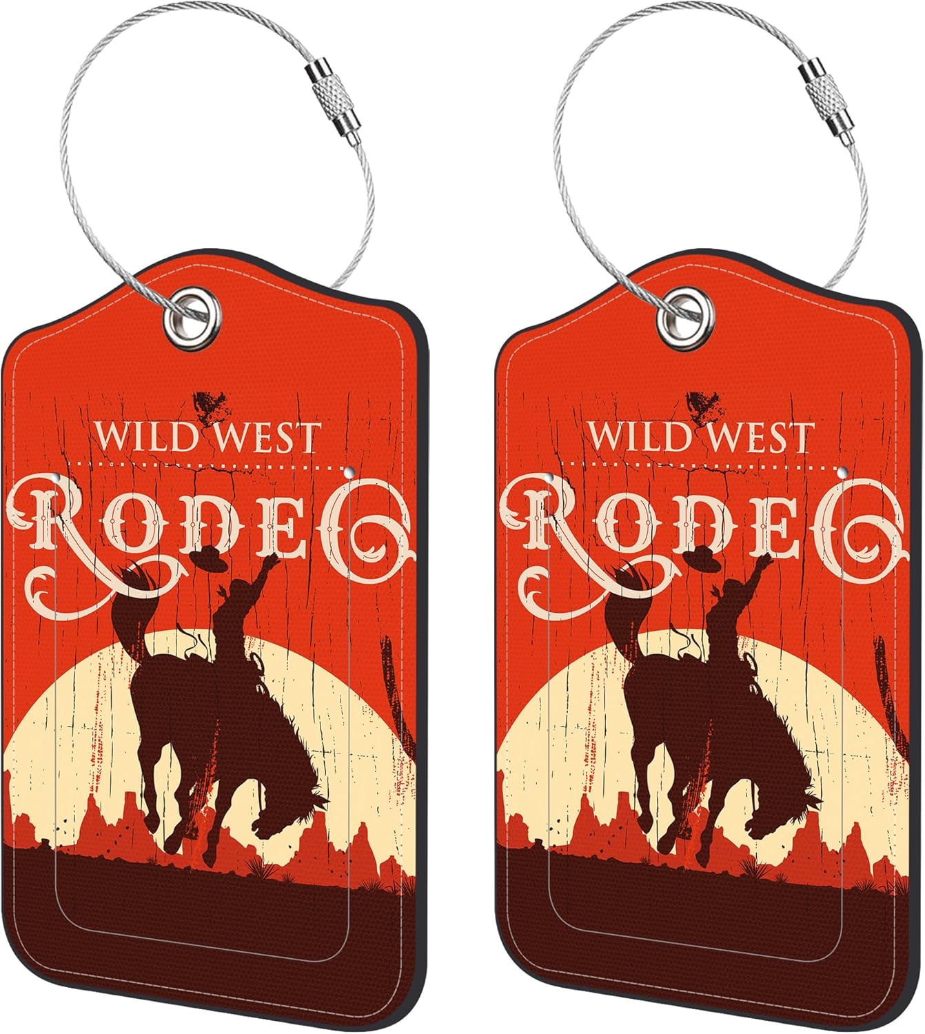 2 Pack Luggage Tags,Wild West Cowboy PU Leather Idea Baggage Tag with ID Labels Privacy Cover Metal Ring Men and Women Travel Bag Labels
