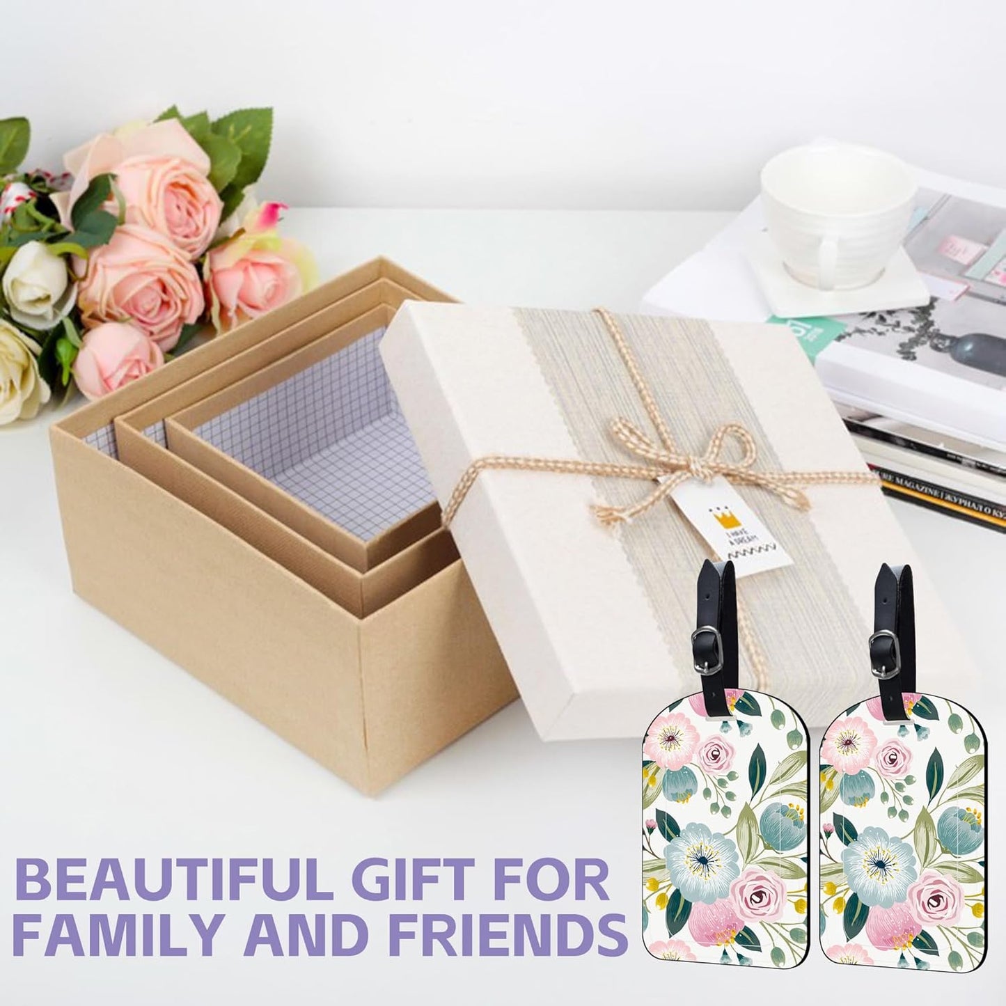 2 Pack Luggage Tags Spring Flowers PU Leather Baggage Handbag Suitcase Tags with Secure Strap