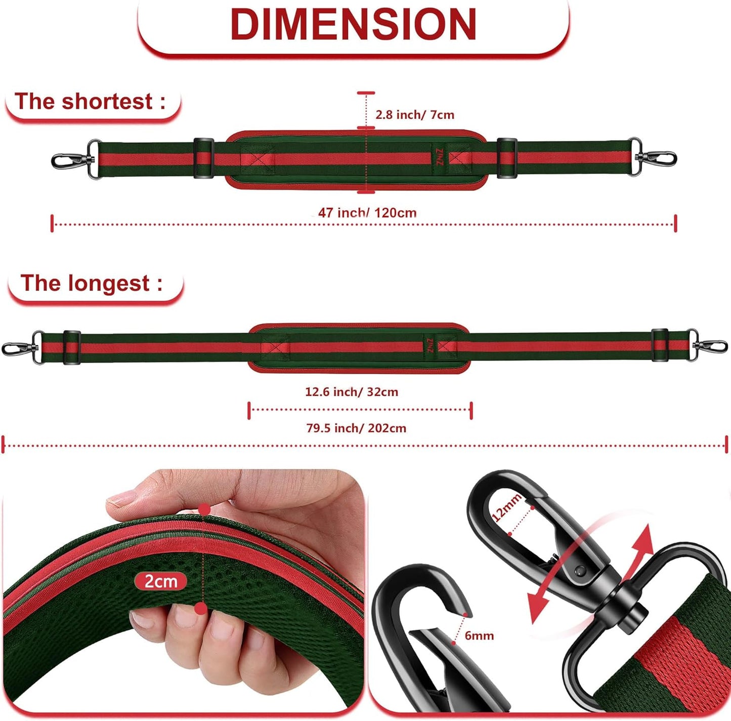ZINZ 79.5" Universal Strap with Ultra-Thick Fixed Breathable Pad - Adjustable Heavy-Duty Shoulder Strap for Laptop, Crossbody, Luggage, Gym, Camera Bag and More - TW01B04