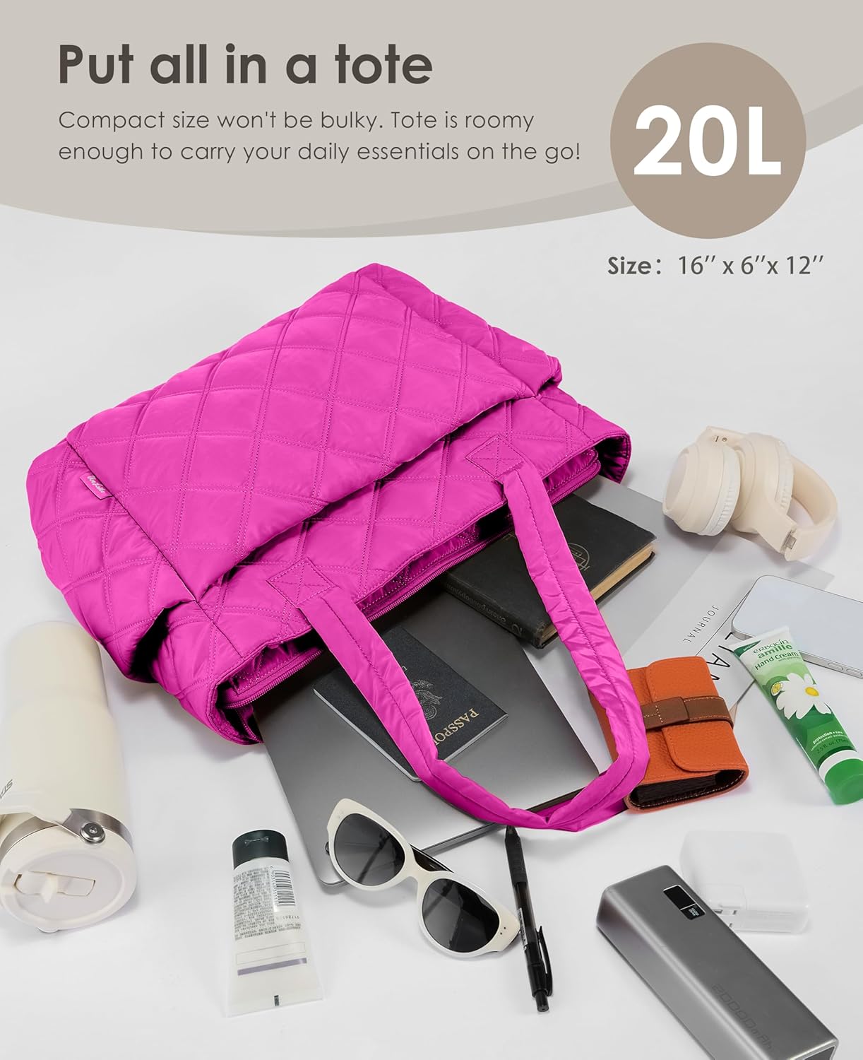 Tote Bag for Women, Lightweight Puffer Tote Work Bags with Compartments for Travel, Quilted Shoulder Bag with Zipper