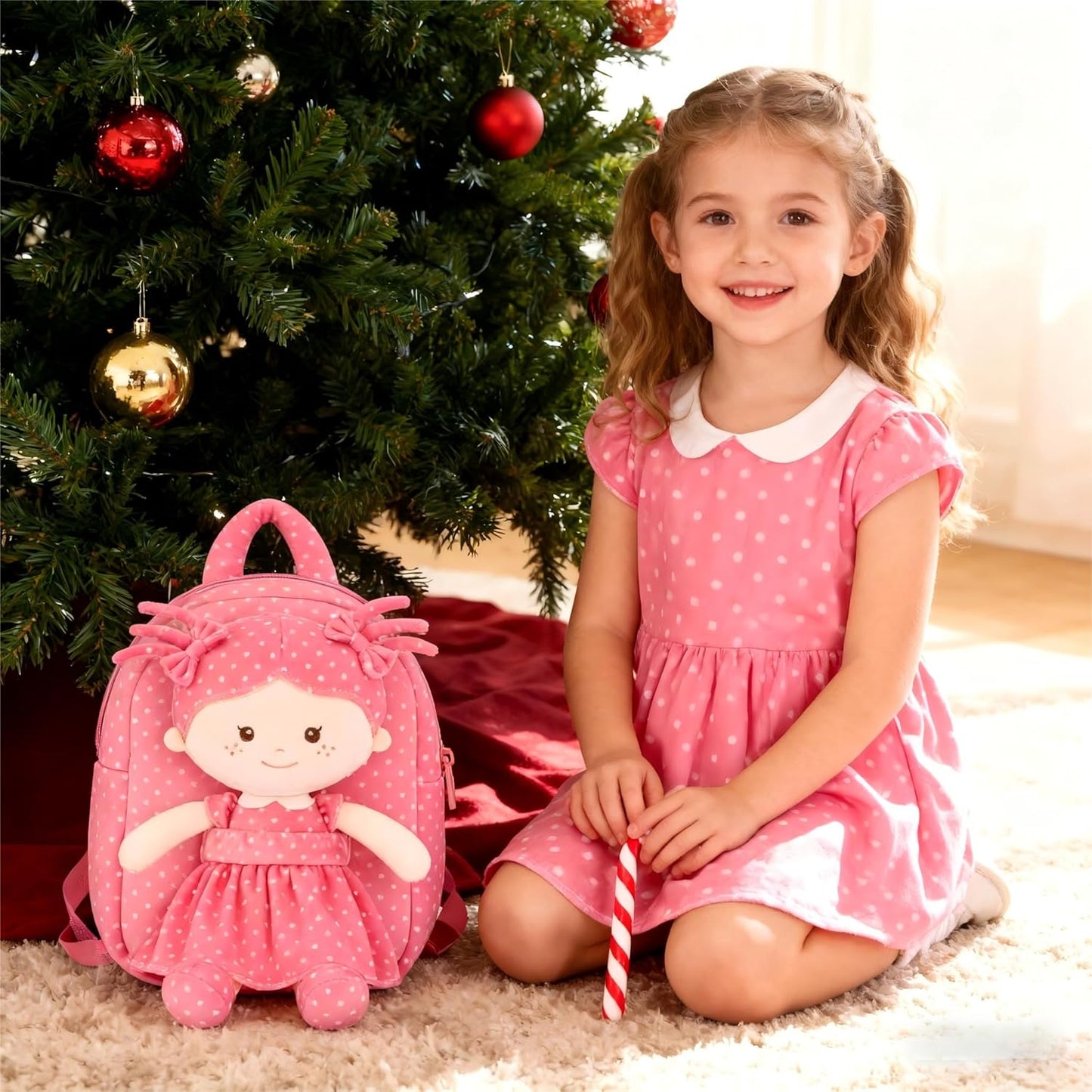 Onetoo Toddler Backpack Back to School Gifts for Girls Kids Backpacks with Soft Light Baby Dolls in Rose Red Polka Dots Dress 9"