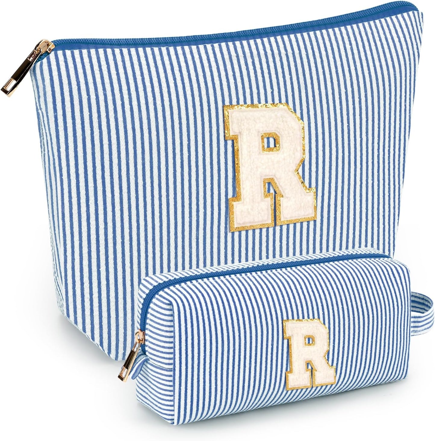 2 PCS Initial Makeup Bags for Women: Cosmetic Bag for Travel Toiletry - Birthday Gifts for 11 12 13 14 15 16 17 18 Years Old Girl Graduation Teacher Gift- Teen Girl Gifts Trendy Stuff - Blue R