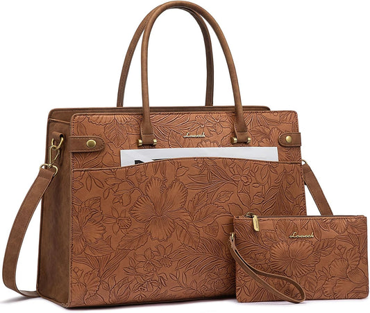 LOVEVOOK Laptop Tote Bag For Women Work, Vintage Leather Computer Bags For Laptops For Women, Waterproof Laptop Bag Business Briefcase Office Large Shoulder Handbag Purse, 15.6 Inch, Brown Embossed