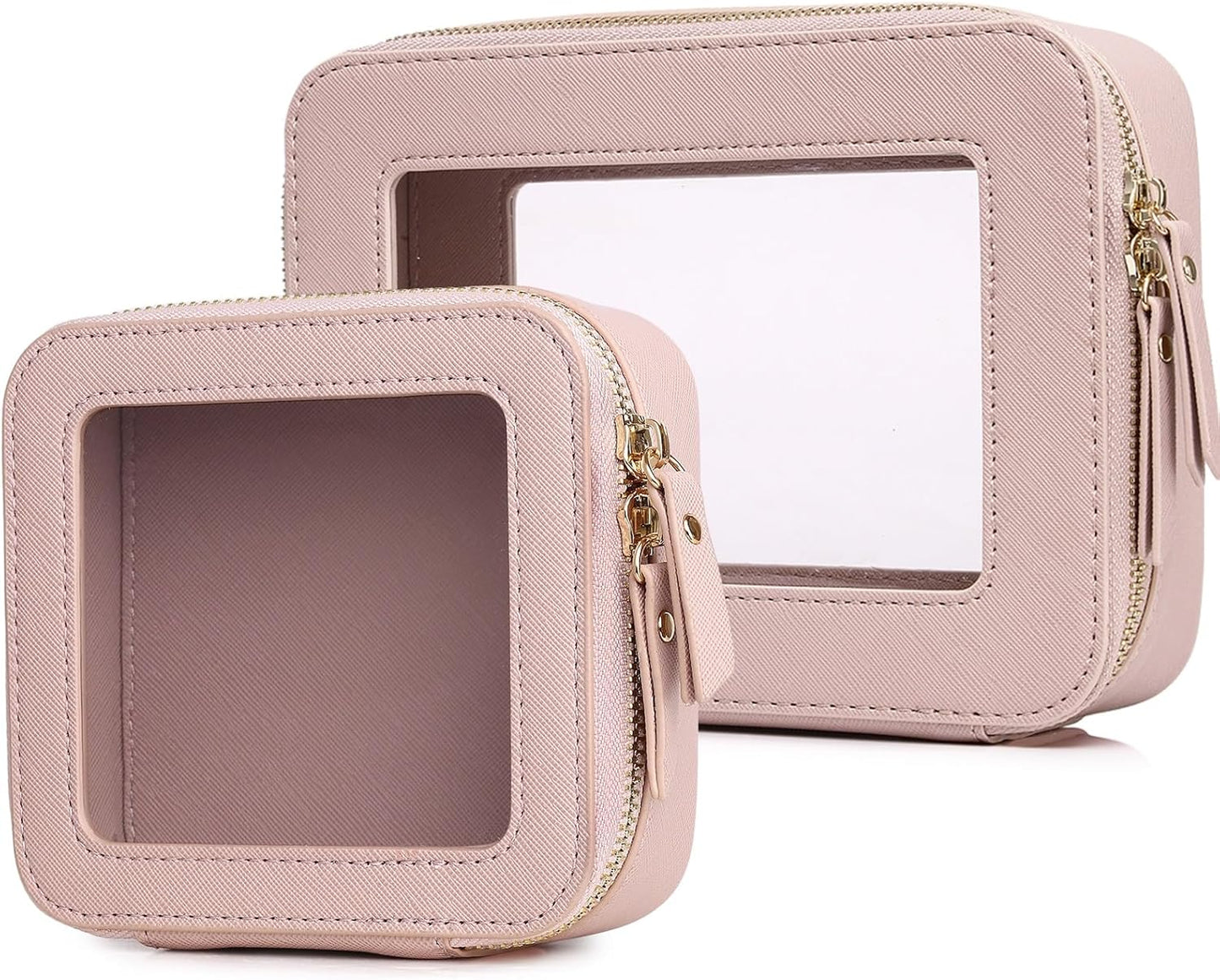 Clear Makeup Bag Set Portable Travel Cosmetic Bag and Toiletry Bag Women's Purse Pouch Cosmetic Stroage Organizer Bag with Zipper Car Essentials (Pink, M+Mini)